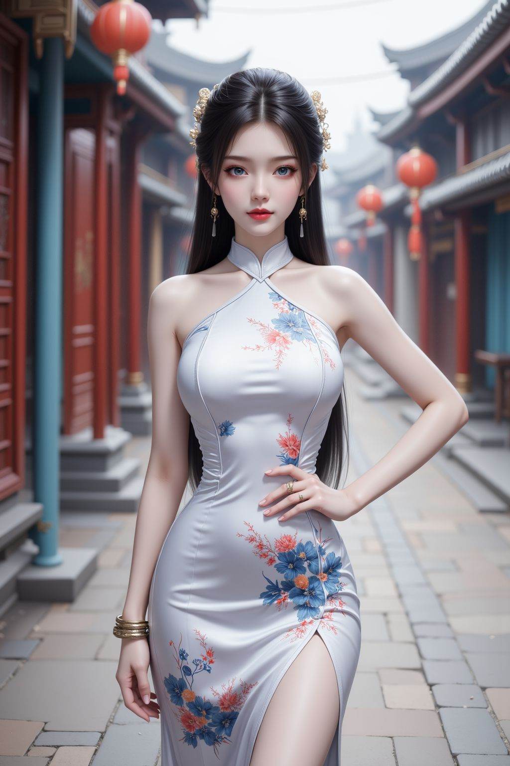 1girl, solo, long hair, breasts, looking at viewer, blue eyes, large breasts, black hair, dress, bare shoulders, jewelry, closed mouth, standing, cowboy shot, earrings, sleeveless, white dress, bracelet, lips, hand on hip, covered navel, sleeveless dress, chinese clothes, floral print, china dress, straight hair, forehead, print dress, taut dress, street, outdoors, <lora:AgainAnimeGirlF1Lora10_v2:0.8>