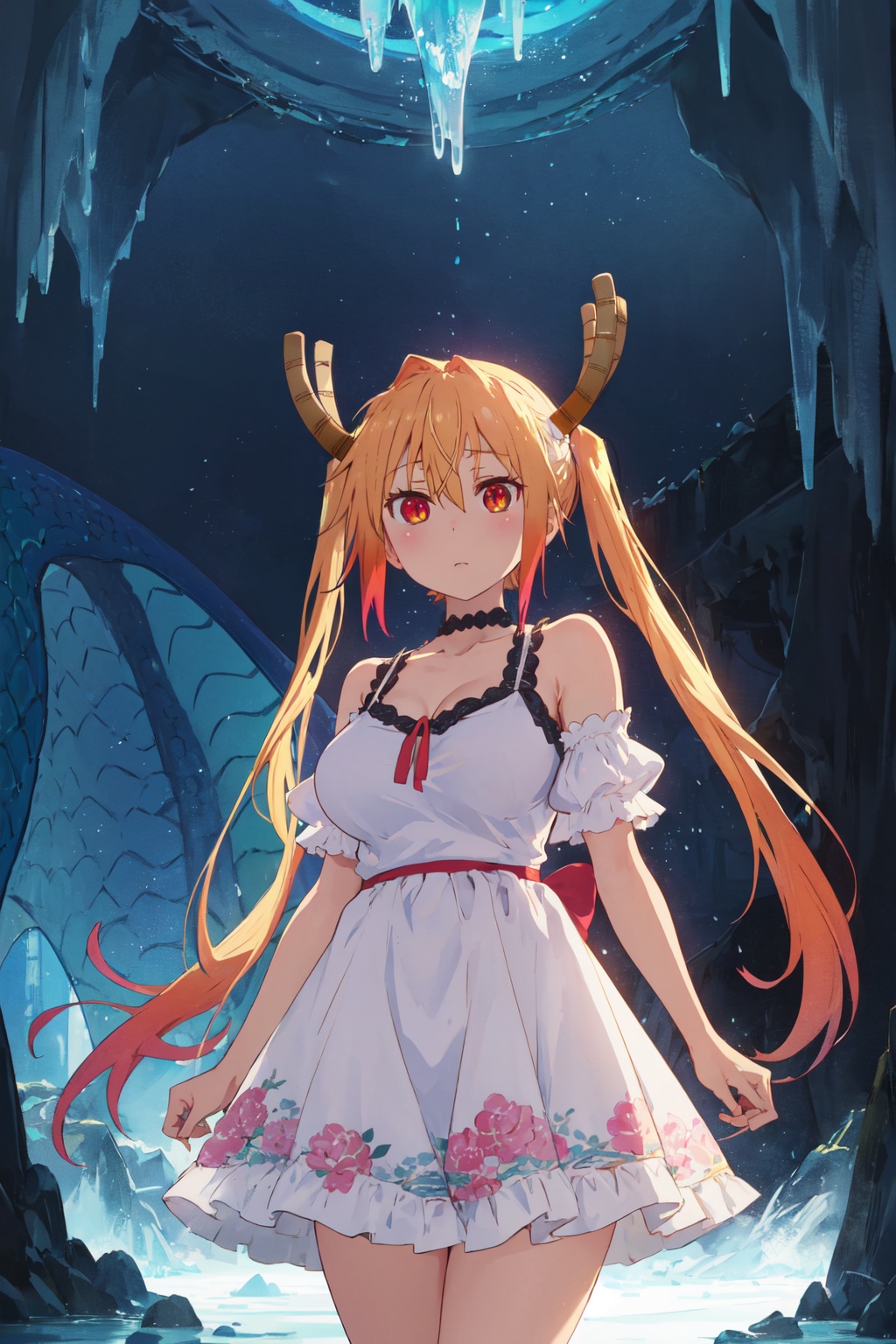 <lora:Tooru-000009:0.8>,Tooru CYQL,1girl,looking at viewer,solo,dragon girl,blonde hair,long hair,twintails,multicolored hair,gradient hair,hair between eyes,dragon horns,slit pupils,red eyes,breasts,large breasts,dragon tail,large tail,Paisley print ruffle sundress with a V-neckline,shy,cowboy_shot,Descending beneath the earth, fantastical stalactites and stalagmites take on eerie shapes under dim light,beautiful detailed sky,beautiful detailed glow,posing in front of a colorful and dynamic background,masterpiece,best quality,beautiful and aesthetic,contrapposto,female focus,wallpaper,