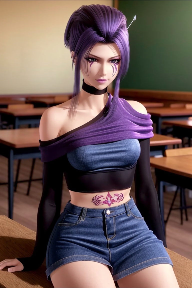((HRD, HUD, 8K)),((masterpiece, best quality)), highly detailed, soft light,1girl, solo, purple hair, hair ornament, hair stick, purple eyes, makeup, facial mark, scar, lips, lipstick,tattoo, (off-shoulder sweater:1.2), denim shorts, black pantyhose, blurry background, classroom, chalkboard, sitting, cowboy shot, looking at viewer, <lora:20240501-1714526892402:0.7>