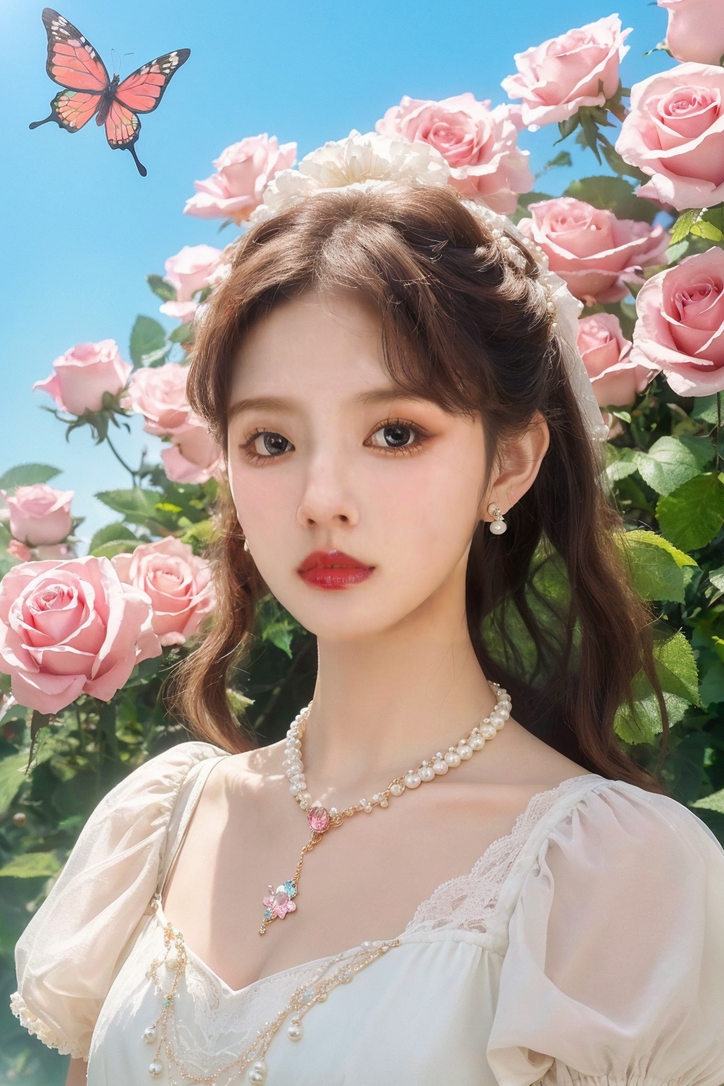 quality,8K,extremely complex details,1girl,lolita,careful eyes,looking_at_viewer,gradient art,rose,upper_body,in the flower cluster,sky,butterfly,<lora:jiBeauty复古V1.0_1 :0.6>,necklace,pearls and jewels,