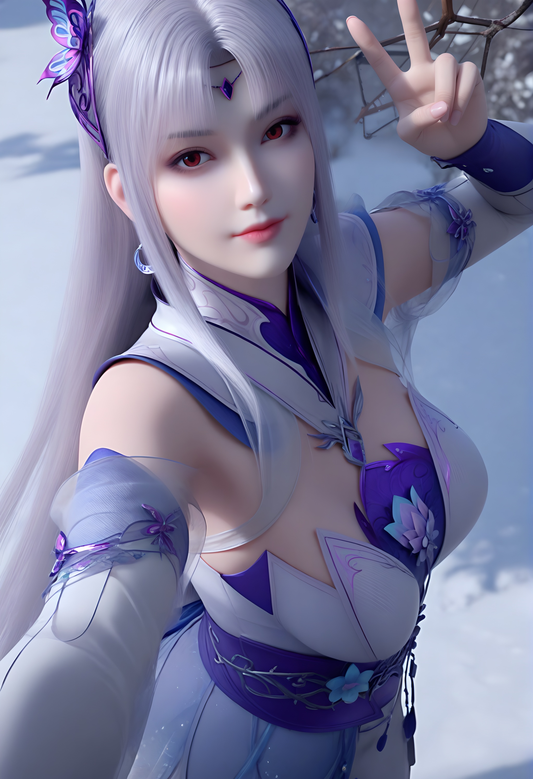 (score_9),<lora:小医仙白-apony:0.83>,xiaoyixian,solo,1girl,hair ornament,long hair,silver hair,headpiece,butterfly hair ornament,crescent earrings,detached collar,chest jewel,dress,detached sleeves,jewelry,<lora:Expressive_H-000001:0.8>,light blush,looking at viewer,front view,red eyes,dutch angle,dynamic_angle,from above,selfie,v sign,closed mouth,(mature_female:1.2),collarbone,pointy breasts,puffy breasts,(large teardrop breasts),<lora:e肤色滑块:0.5>,fair_skin,(pale_skin),(white_skin),<lora:e色温:0.35>,light skin,ultra-detailed skin texture,detailed textures,<lora:皮肤凹痕:1.2>,BREAKsimple background,in snow,Tyndall effect,available light,depth of field,tree,snowflakes,branch,twig,4K ultra HD,sharp focus,high detail,natural lighting,high contrast,