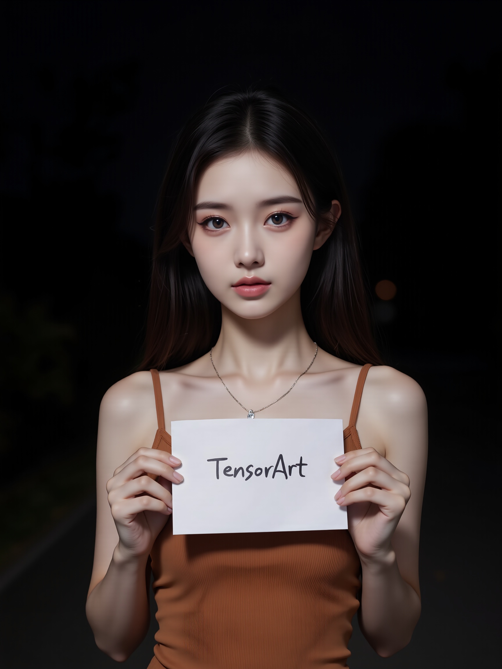 The photograph features a young East Asian woman standing against a dark, nighttime background. She has a slim, petite physique with delicate facial features, including large, almond-shaped eyes with subtle eyeliner, full lips painted in a soft pink hue, and a smooth, fair complexion. Her long, dark brown hair is parted in the middle and falls loosely over her shoulders. She wears a sleeveless, rust-orange **** top that accentuates her small breasts, and a thin, silver necklace with a small pendant. Her expression is neutral, with a slight hint of a smile, and she gazes directly at the camera.She holds a white piece of paper in front of her chest, with the handwritten text "TensorArt" in black, bold, cursive letters. The paper is slightly tilted and positioned centrally, covering her upper torso. The background is dark, with faint hints of blurred greenery and a dark road or path, suggesting an outdoor setting at night. The overall mood of the image is intimate and casual, with a focus on the subject's face and upper body, emphasizing her youthful appearance and the simplicity of her attire.