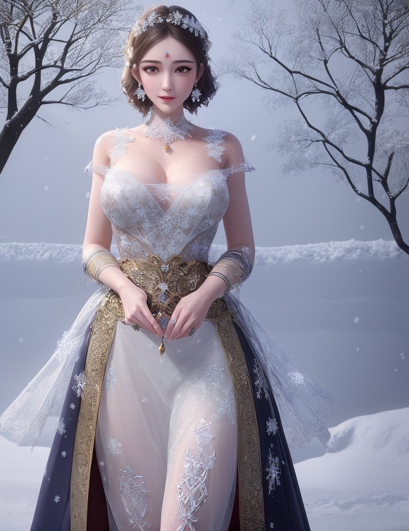 ultra realistic 8k cg, flawless, clean, masterpiece, professional artwork, famous artwork, cinematic lighting, cinematic bloom, perfect face, beautiful face, fantasy, dreamlike, unreal, science fiction,   lace, lace trim, lace-trimmed legwear, luxury, jewelry, diamond, gold, pearl, gem, sapphire, ruby, emerald, intricate detail, delicate pattern, charming, alluring, seductive, erotic, enchanting, hair ornament, necklace, earrings, bracelet, armlet,halo,autumn,((,1girl, pov,best quality, ))  , ((((1girl, solo,outdoors, large breasts,,snowflakes,  snow, snowing,   ))))    <lora:DA_BaiCai:0.7>