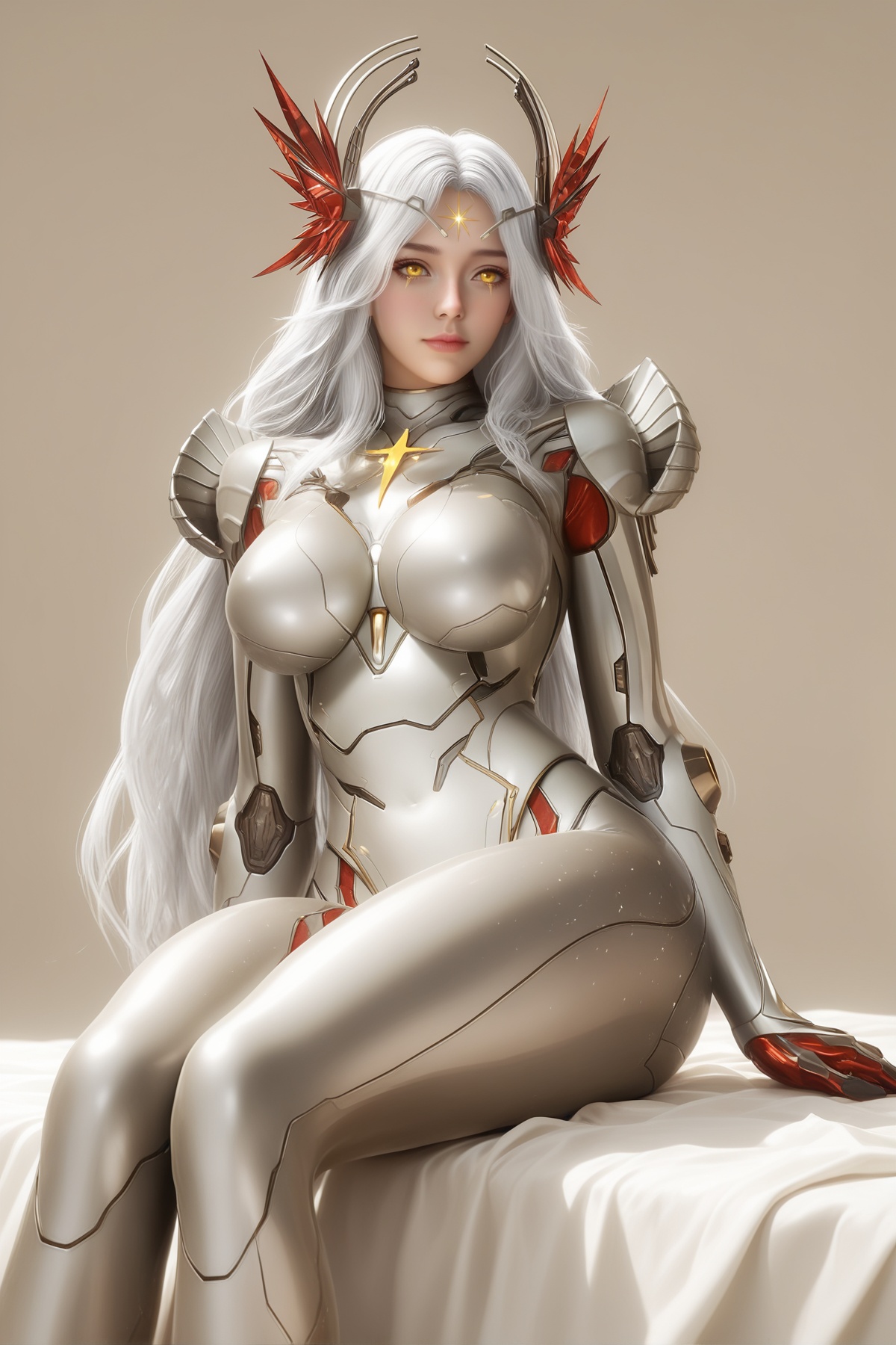 masterpiece,best quality,realistic,cinematic,detail eyes,(ultra-detailed),perfect composition,intricate details,absurdres,detailed face,high quality,high res,8K,<lora:X_xinghuanwang_IL3.0:0.8>,white hair,yellow eyes,1girl,long hair,breast,big breasts,hair_ornament,forehead mark,facial mark,bodysuit,sitting,simple background,bed,