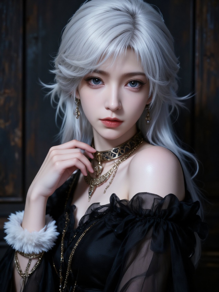 Photograph of a pale-skinned, androgynous person with platinum blonde hair styled in loose waves, wearing a black dress with white cuffs, a black choker with chains, and a pendant. They pose against a dark, textured wooden background, exuding a gothic, mysterious vibe., Steps: 30, Sampler: Euler, CFG scale: 3.5, Seed: 230255695, Size: 768x1024, Model hash: f303b7601a56500301a9331622d6c3bad39be8ec7fd75b86392dc62288f41d0a, Model: ZOZ_人像特摄_写实_00001_.safetensors, Denoising strength: 0, RNG: CPU, Lora 1: ZOZ_国漫.safetensors, Lora Hash 1: 6e7c10ec35f71b3cdb57582a04b8182b678a2ae2b3d430e357e0674079d60934, Lora Weight 1: 0.8, vae_name: automatic