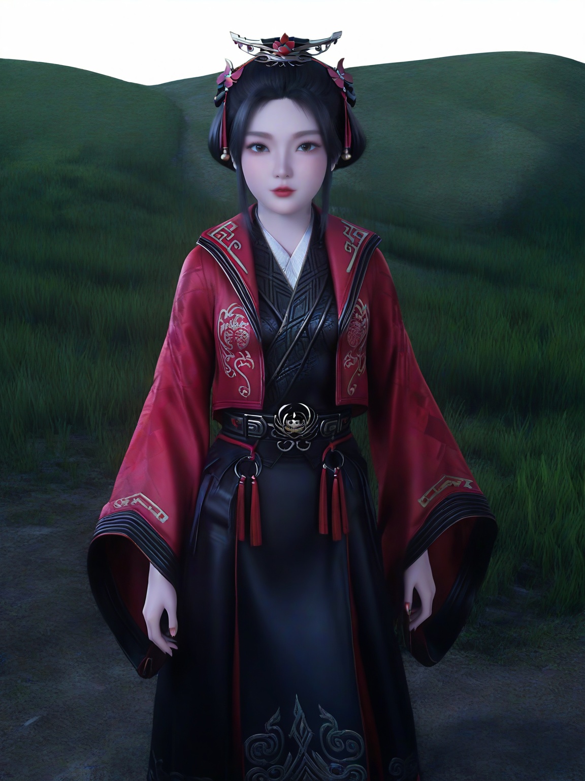 score_9,<lora:SF_JiangTingTing_Pony_Realism2.3-000005:0.7>,1girl,breasts,standing,eyelashes,lipstick,hair ornament,solo,red jacket,grass,black dress,jewelry,long sleeves ,hanfu,wide sleeves, looking at viewer,white background,simple background,