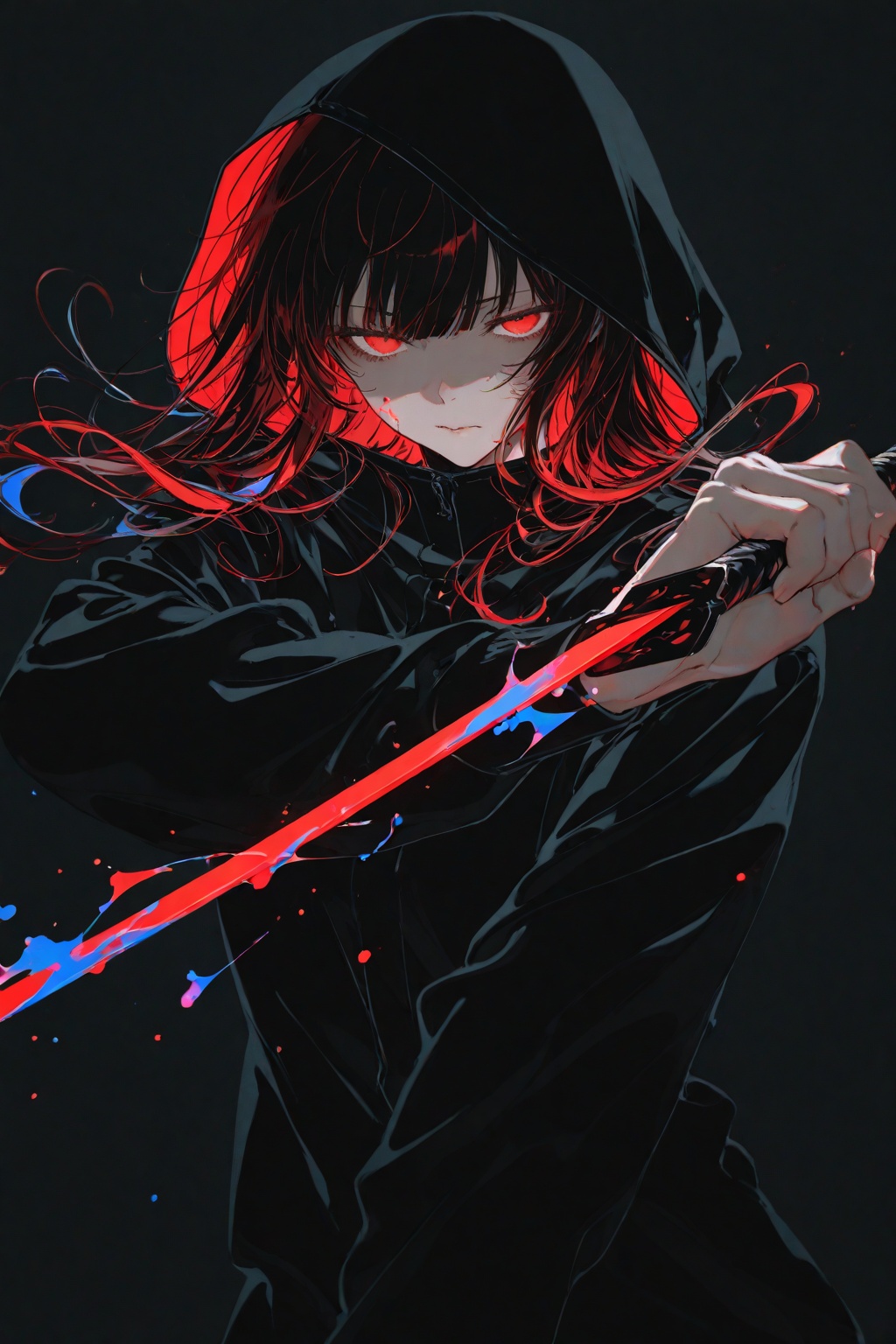 masterpiece,best quality,amazing quality,very aesthetic,absurdres,newest,(yoneyama mai),(noyu (noyu23386566)),(wanke:1.1),(senpen:1.1),lineart,monochrome,(red sword:1.2),(fighting stance:1.2),(disheveled hair:1.1),(dark theme:1.2),chiaroscuro,foreshortening,(colorful splashes:1.1),(shining:1.1),(focus on face:1.1),Glowing skin,Strong contrast,long sleeves,simple background,red eyes,weapon,hood,black background,sword,hooded jacket,jacket,hood up,red long hair,glowing,half-closed eyes,looking at viewer,