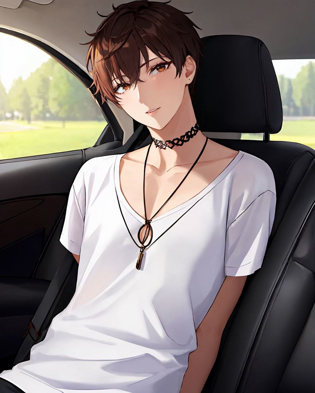 1boy,  choker,  in a car on Tensor.Art