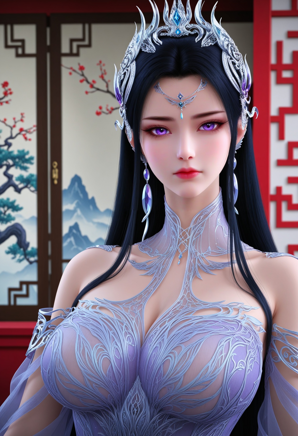looking at viewer,upper_body,traditional_chinese_room,(huge breasts:0.8),yechangong,solo,1girl,black hair,long hair,hair ornament,jewelry,earrings,expressionless,closed mouth,dress,purple eyes,white dress,purple dress,bare shoulders,detached collar,tiara,(see-through:1.2),masterpiece,(best quality),(intricate details:0.9) BREAK (intricate details:0.9),(realistic skin:1.2),<lora:QQSillyechangongV1:0.8>,