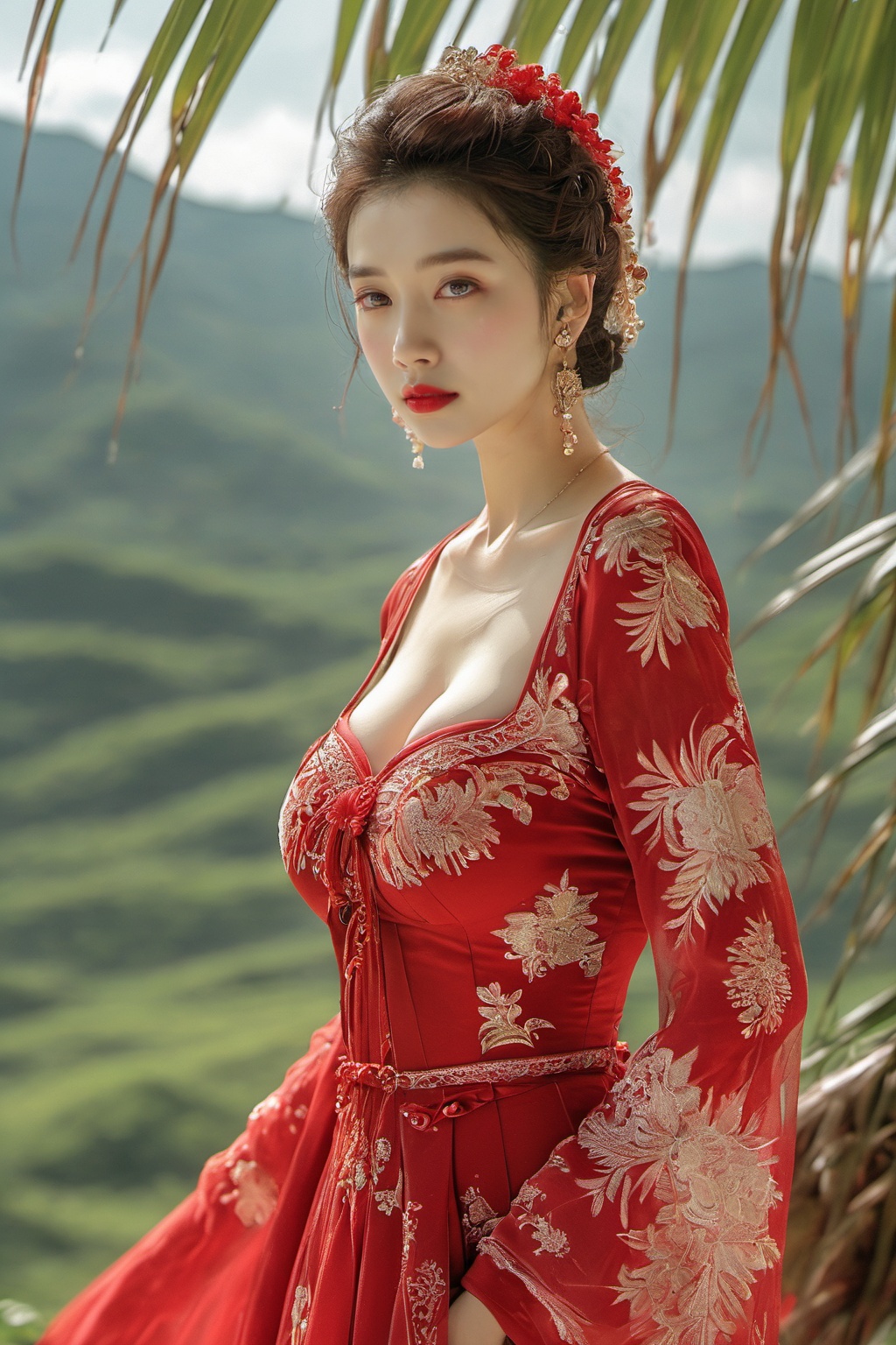 hhfhb,1girl,solo,cleavage,upper body,outdoors,<lora:hbhf-000008:0.8>,looking at viewer,red dress,red lips, masterpiece, best quality,