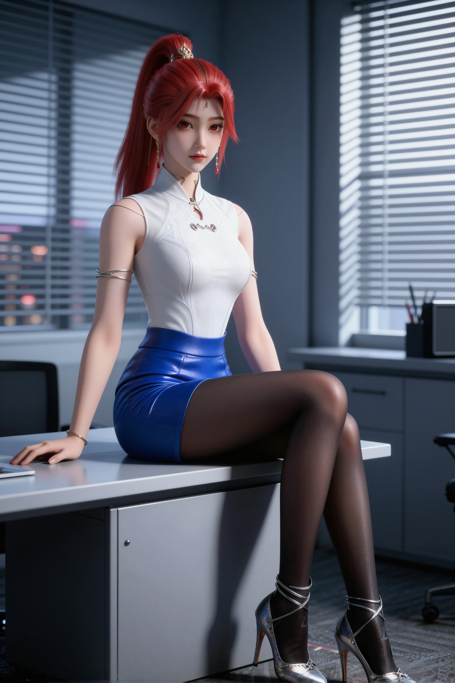 <lora:hye_lora_v2:0.7>,火允儿,扎着红色高马尾,一双红色眼睛,现代气质时尚美女,白色紧身短袖T恤,蓝色紧身裙,友善,天真,纯洁,高级感,完美品质,大师级作品,脚踩银色绑带高跟鞋,黑色油光长筒丝袜,倚坐在银灰色办公桌边沿,玻璃幕墙外的城市霓虹透过百叶窗在她侧脸投下明暗相间的光栅,