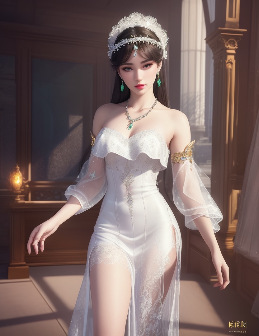 ultra realistic 8k cg, picture-perfect face, flawless, clean, masterpiece, professional artwork, famous artwork, cinematic lighting, cinematic bloom, perfect face, beautiful face, fantasy, dreamlike, unreal, science fiction,  beautiful clothes, lace, lace trim, lace-trimmed legwear,  (rich:1.4), prestige, luxury, jewelry, diamond, gold, pearl, gem, sapphire, ruby, emerald, intricate detail, delicate pattern, charming, alluring, seductive, erotic, enchanting, hair ornament, necklace, earrings, bracelet, armlet,halo((,1girl, pov,))(((,  1girl,  solo,looking at viewer, ))),(((1girl, solo, dress, white_dress, jewelry)))<lora:DA_WhiteSnakeGreenSnake:0.7>