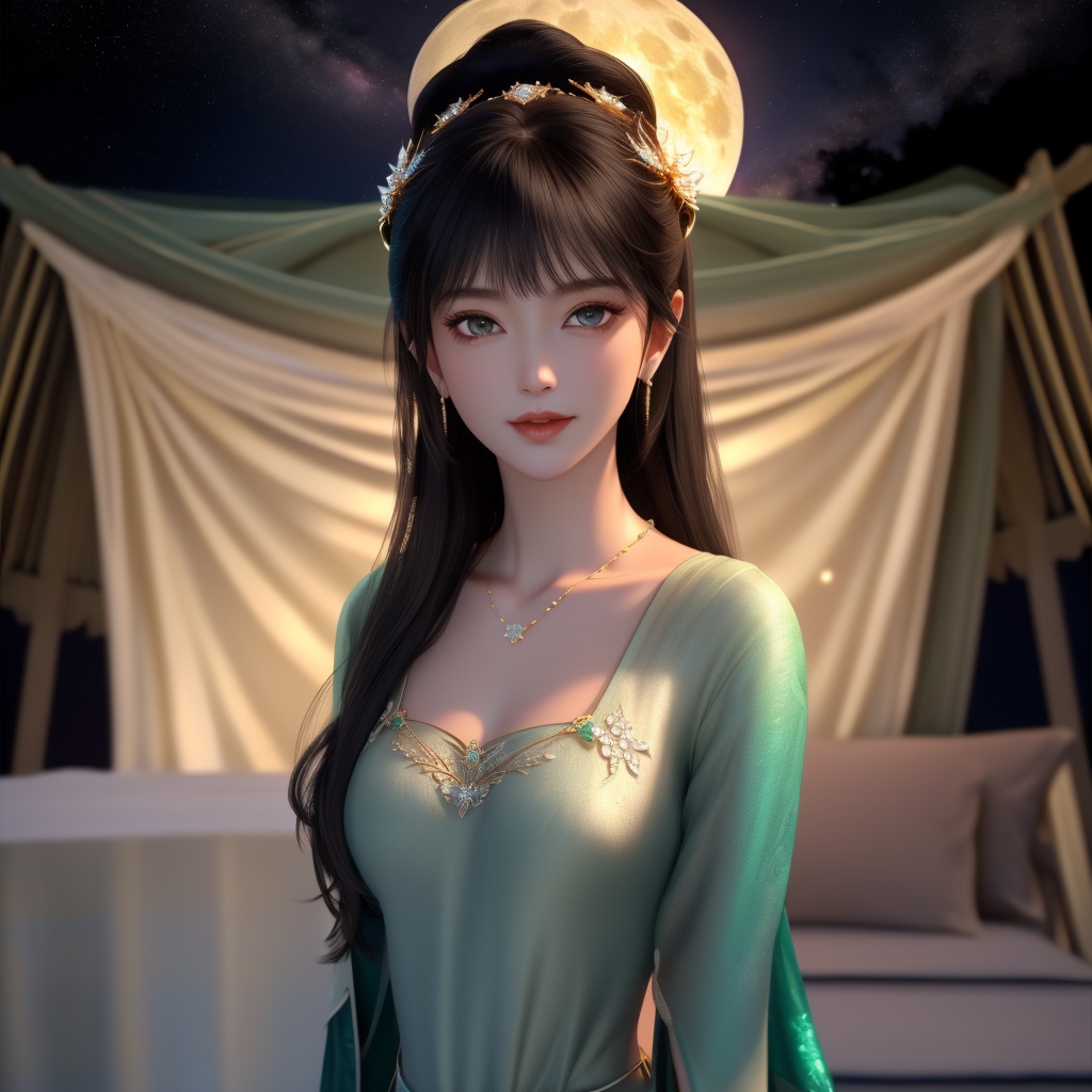 <lora:765-DA-金吾卫-刘小芷:0.8>, (,1girl, ,best quality, ),looking at viewer,masterpiece(,1girl,night, starry sky, milky way,outdoors, full moon,  night sky, darkness,  world of darkness, , ) ,ultra realistic 8k cg,   clean, masterpiece,     (( , )),, , , prestige, luxury, jewelry, diamond, gold, pearl, gem, sapphire, ruby, emerald, intricate detail, delicate pattern, charming, alluring, seductive, erotic, enchanting, hair ornament, necklace, earrings, bracelet, armlet,halo((, )), (),