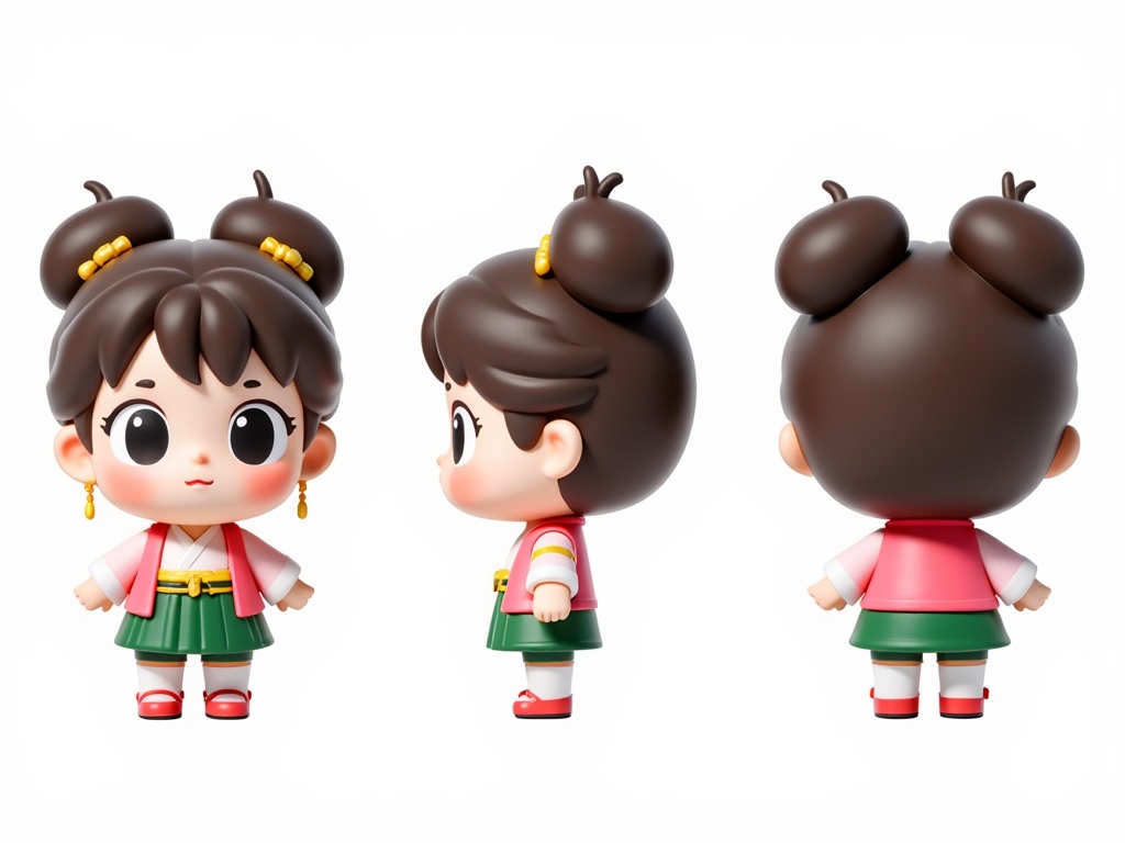 sstsas,Three view style,A close-up of a cute, chibi-style doll with a small, round face and large, expressive eyes. She has dark brown hair styled in two large, double bunches with golden hairpins. She wears a pink kimono with a green skirt and gold accents, along with a pair of gold earrings. The doll is posed in three different angles, facing the viewer, with a neutral expression. The background is a plain white, and the image has a soft, pastel color palette.<lora:s-t-三视图设计-S1.4:1>