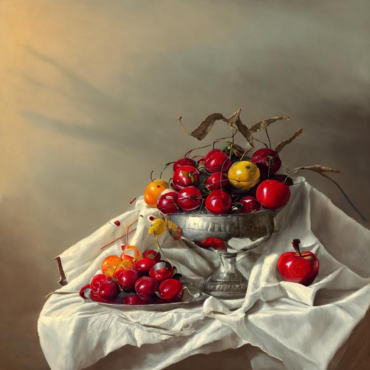 aliekexie,masterpiece,best quality,<lora:阿列克谢·安东诺夫:1>,(no_humans:1.2),a painting of a glass with cherries in it on a white cloth background with a white cloth behind it,highly detailed oil painting,an ultrafine detailed painting,figurative art,fruit,food,cherry,apple,strawberry,orange_\(fruit\),no_humans,tomato,