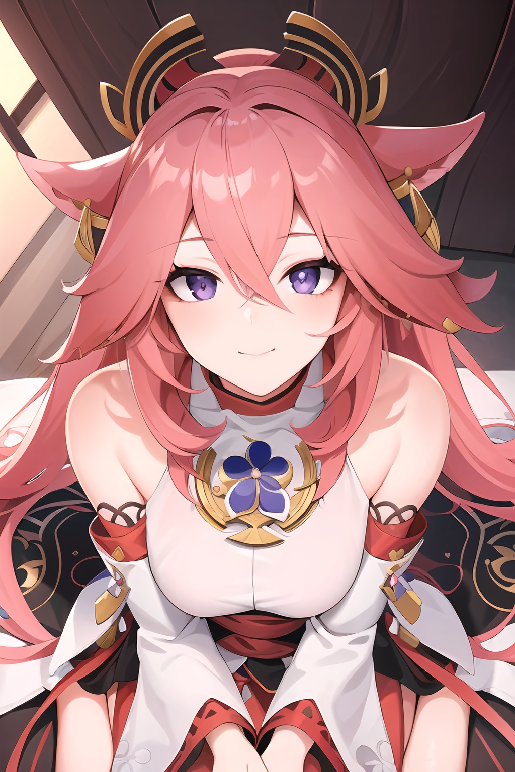 (masterpiece, best quality:1.2),insanely detailed,absurdres,ultra-highres,ultra-detailed,best quality,slender,kawaii,perfect symmetrical face,ultra cute girl,ultra cute face,ultra detailed eyes,ultra cute,ultra beautifu,<lora:Yae Miko-000008:1>,yae miko,1girl,solo,jewelry,detached sleeves,long hair,japanese clothes,wide sleeves,sandals,earrings,breasts,fox ears,bare legs,bare shoulders,long sleeves,toenail polish,hair ornament,ankle lace-up,neck ruff,backless outfit,nontraditional miko,smug,(from above:1.1),kneeling,floor,indoors,
