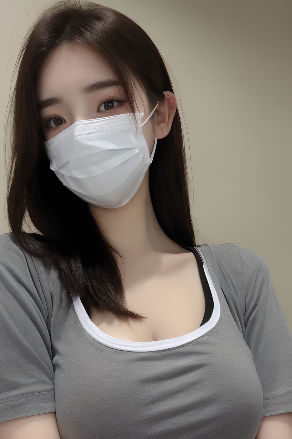 1girl,large breasts,collarbone,covered_mouth,gag,gagged,improvised_gag,long_hair,mask,large breasts,mouth_mask,realistic,shirt,solo,surgical_mask,tape,tape_gag,Sling，<lora:meinv45:0.7>,