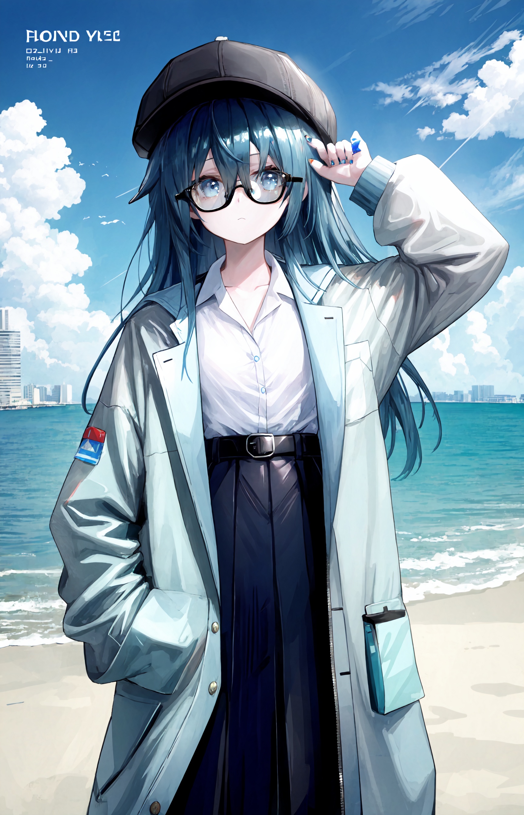 1girl, long hair, brown coat, fake cover, round eyewear, blue eyes, blue hair, shirt, black headwear, solo, looking at viewer, hat, coat, skirt, outdoors, glasses, very long hair, black skirt, cover, long sleeves, tinted eyewear, nail polish, closed mouth, open coat, white shirt, belt, blue nails, character name, open clothes, bangs, hair between eyes, alternate costume, sunglasses, sleeves past wrists, building