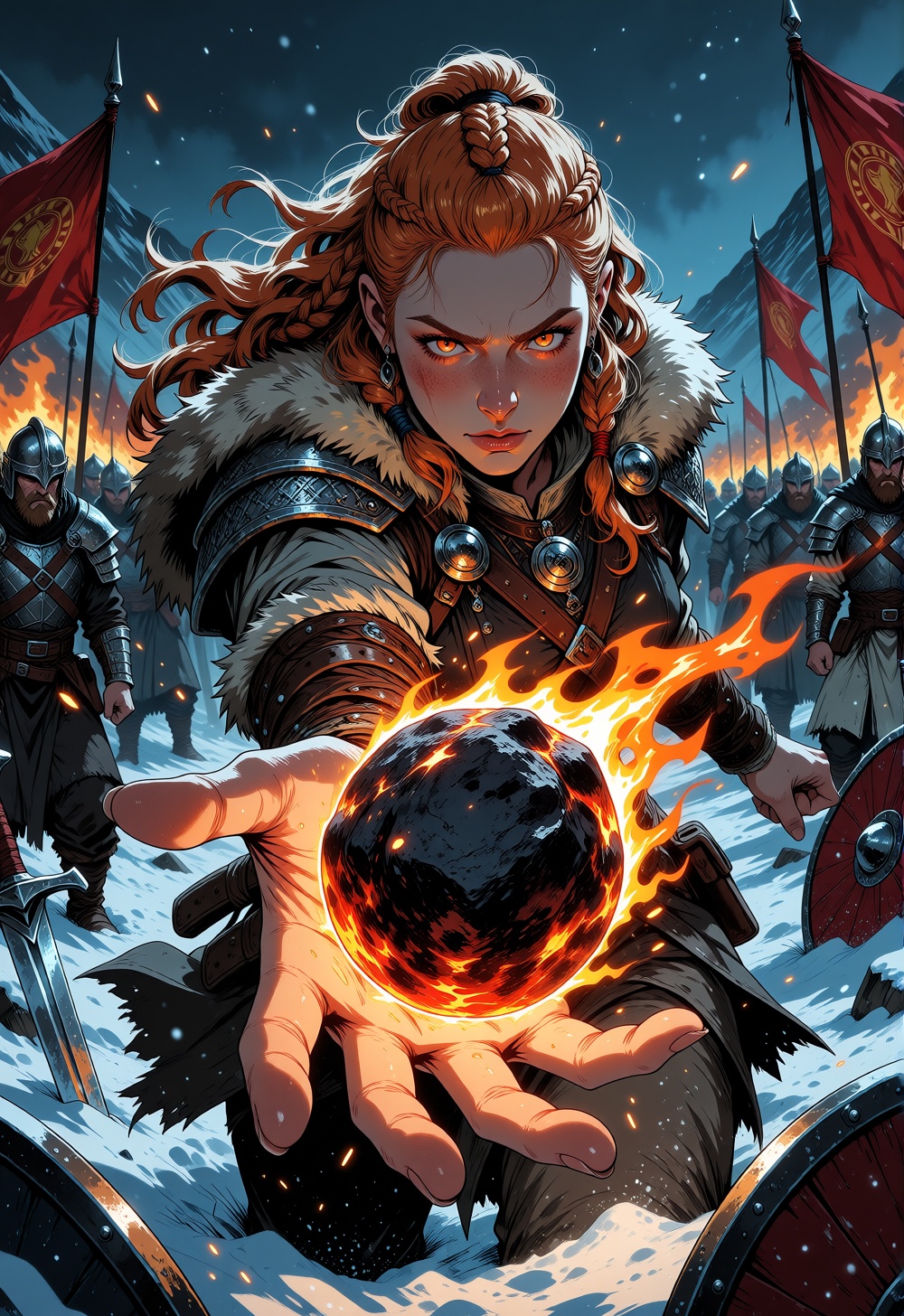 Artwork,  An intensely focused Viking woman warrior with curly hair hurls a burning meteorite directly toward the viewer....