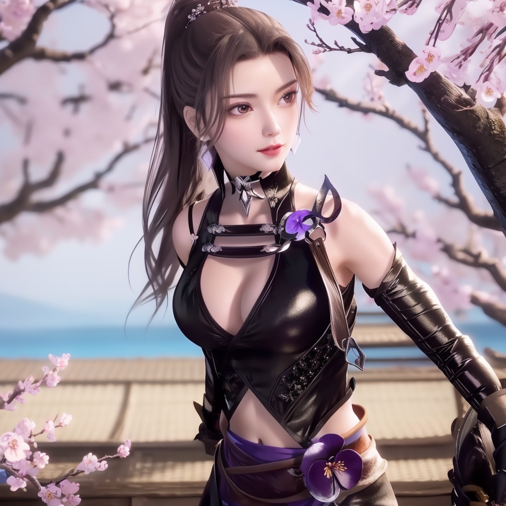 <lora:万界至尊-李雪衣-皮衣:0.8>, (,1girl, ,best quality, ),looking at viewer,  ,ultra realistic 8k cg,, ,masterpiece, (( , )),, ,   plum blossoms,    ,,  (cleavage),,  (), ,,