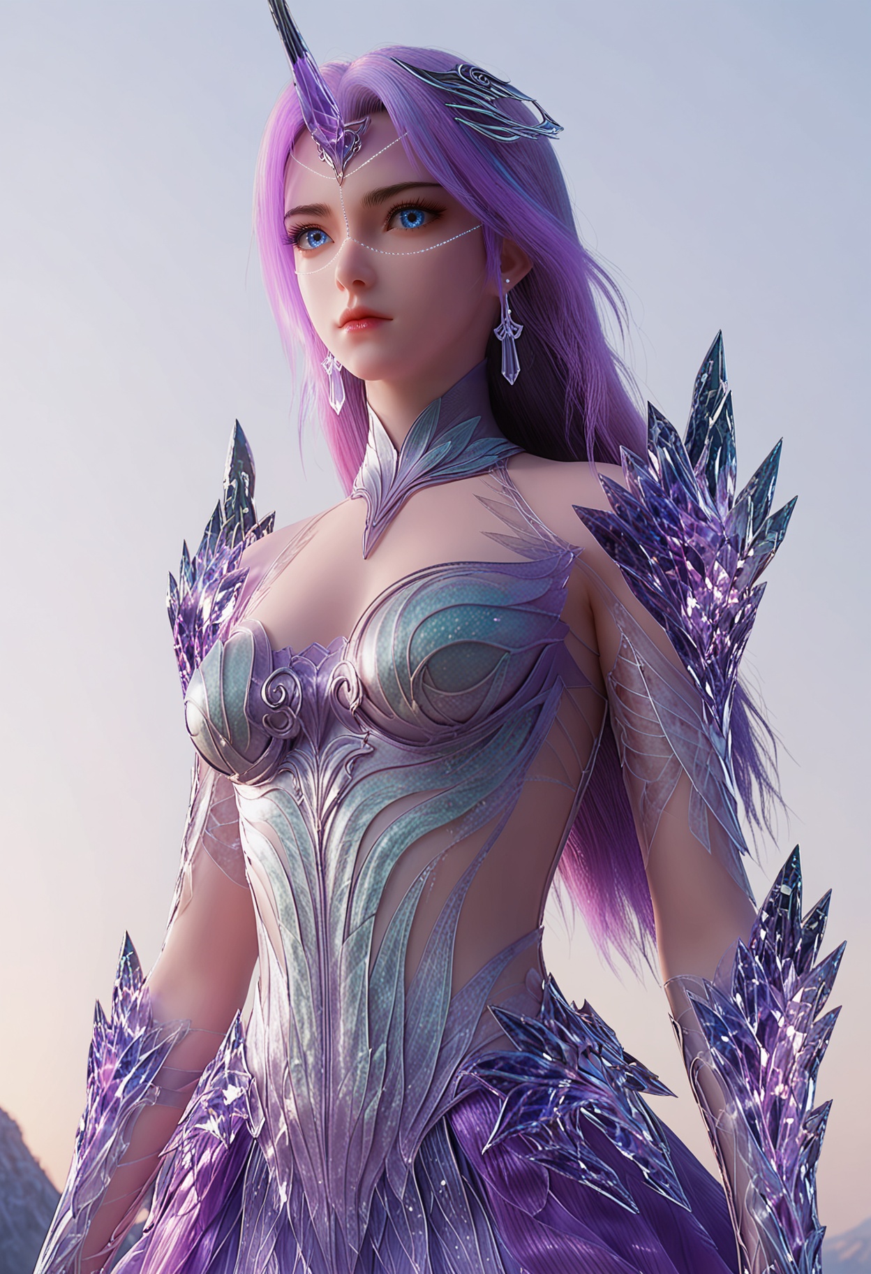 score_9,high detail,best quality,cinematic lighting,volumetric lighting,shiny skin,shiny,1girl,solo,blue eyes,long hair,hair_ornament,earrings,white background,single horn,horns,armor,crystal,simple background,breasts,closed mouth,purple hair,medium breasts,dress,multicolored hair,looking_at_viewer,upper body,thighs,<lora:QQSponyyueliuV1:0.8>,<lora:Pony_DetailV2.0:0.8>,<lora:皮肤凹痕:0.1>,