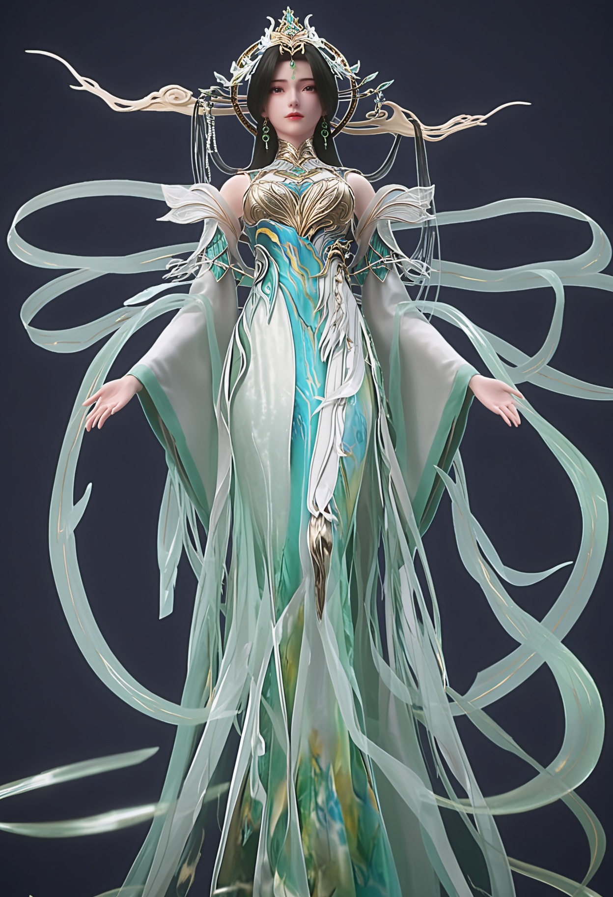 perfect_anatomy,score_9,(full body:1.1),looking_at_viewer,<lora:YQ_pony_liushen_wudidao_V3:0.8>,1girl,q1528437228,solo,hair ornament,long hair,black hair,dress,jewelry,earrings,forehead mark,chinese clothes,facial mark,white dress,bare shoulders,green dress,long sleeves,detached sleeves,brown hair,perfect_anatomy BREAK perfect_anatomy,simple background,black background,(shiny_skin),(Ivory_skin:1.1),(cinematic lighting),