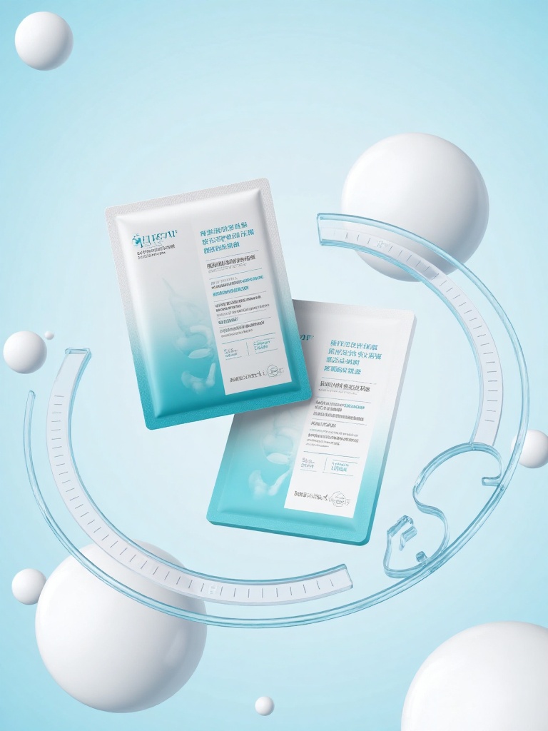 There are two types of facial - mask products displayed in the picture. They are placed in a virtual tech - style background with a light blue tone. There are some white spheres and transparent circular rings, as well as decorations similar to calipers in the background, creating a fresh and technological atmosphere. The main bodies of the two facial - mask packages show a gradient from light blue to white. English and Chinese product information is printed on them, indicating that these are facial masks with moisturizing, soothing, and repairing effects. The net content and other information are also marked. One facial mask is standing upright, and the other is placed flat below it, as if it has been gently placed on the virtual background from above. The overall picture is simple and modern, highlighting the characteristics and texture of the products.