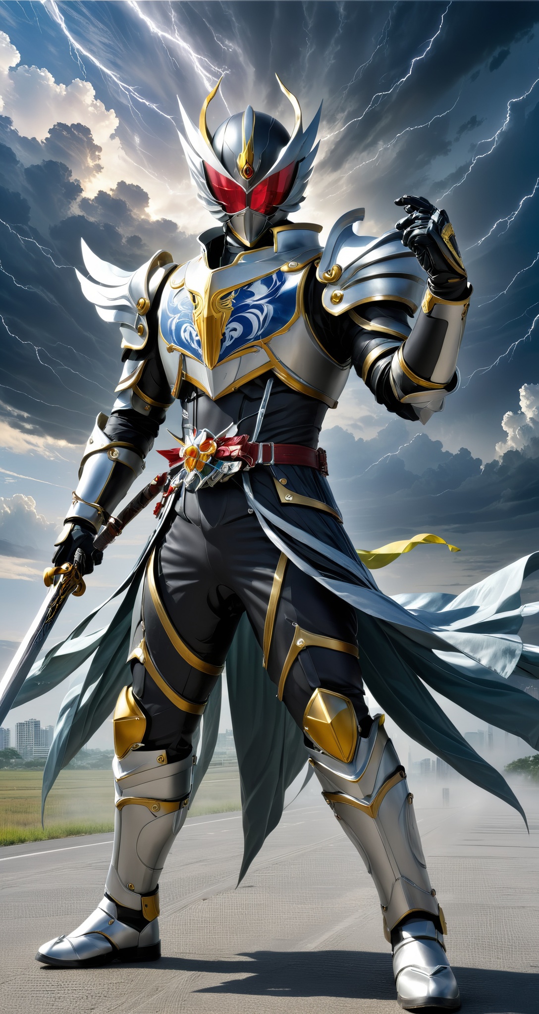 Kamen rider style,  Kamen Knight in the High Wind,  wearing high wind armor and holding the sword of the storm on Tensor.Art