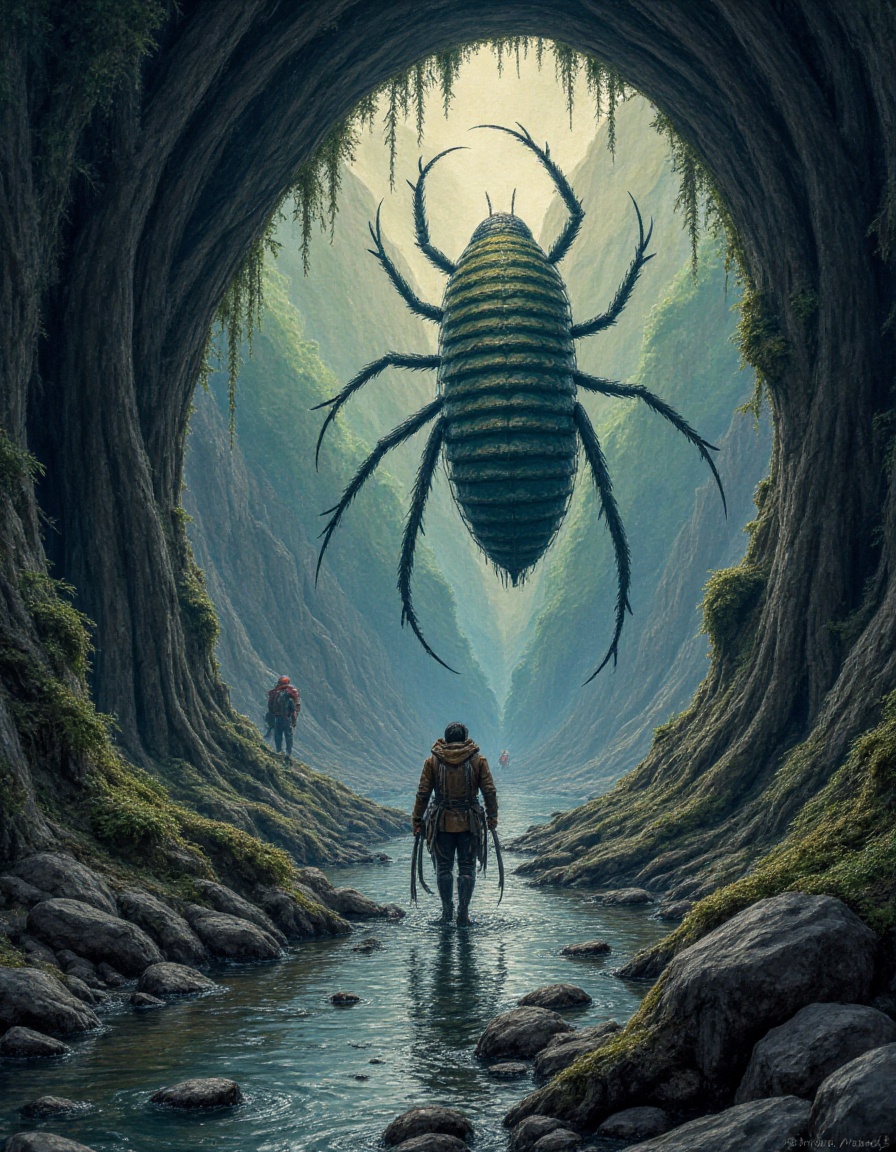 A fetid quagmire,where giant insects build colossal hives,their buzzing a constant drone. Adventurers must navigate this perilous terrain,avoiding both the insects and their traps.,the scene is captured in dimly lit dark fantasy but vibrant colors,with bold ink lines defining form against the watercolor wash of the aged paper