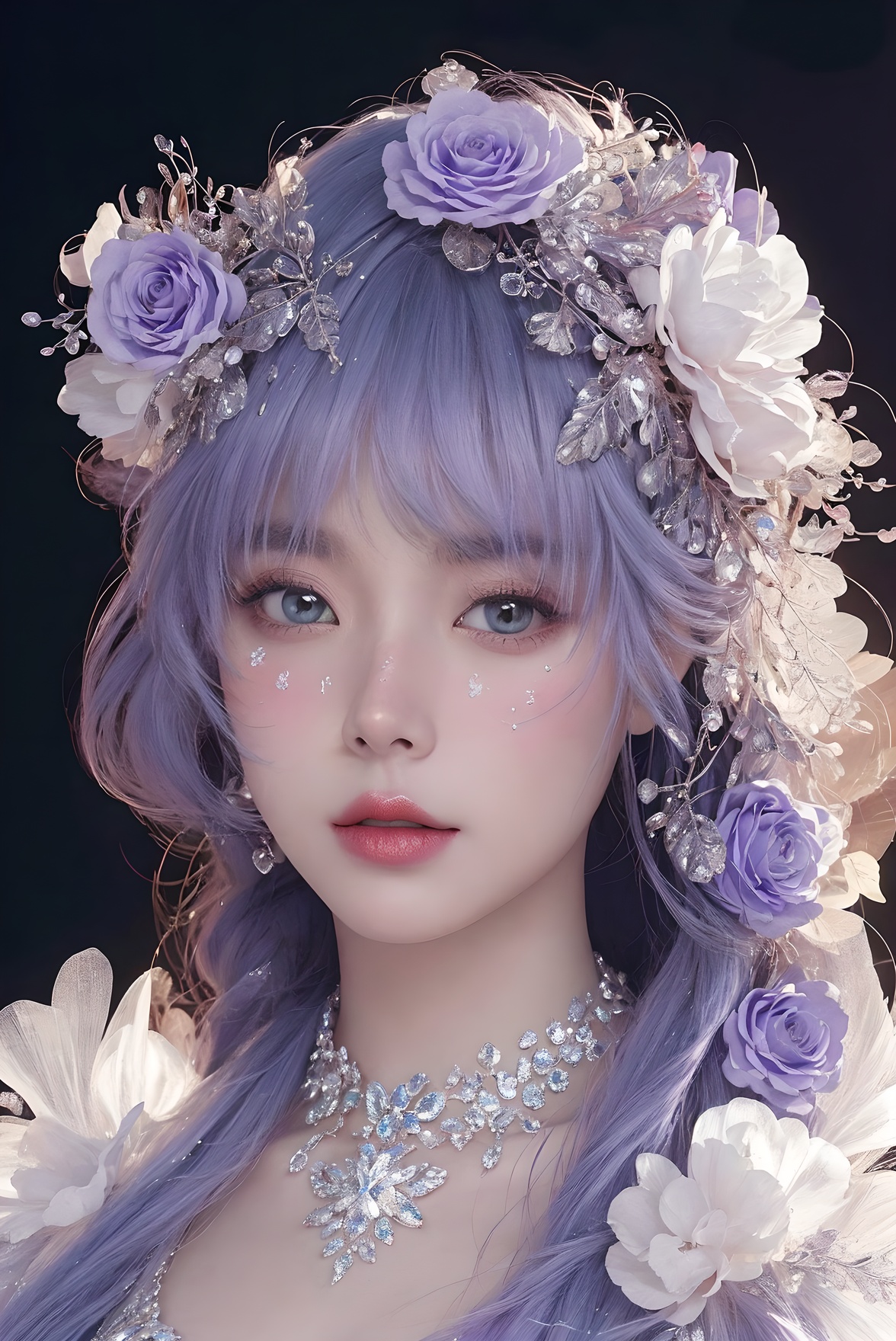 <lora:Fashion_Girl:0.66>purple  theme,  snowflakes,  looking at viewer,  portrait,  colorful hair,  jewelry,  close up,  ultra high res,  deep shadow, (best quality,  masterpiece),  dimly lit,  shade, highly detailed,  bold makeup,  flower,  simple background,  depth of field,  film grain,  fashion_girl,  accessories, High detailed, (masterpiece,high quality,best quality),(colorful),(delicate eyes and face),volumatic light,ray tracing,extremely detailed CG unity 8k wallpaper,solo, indoors, palace, lights, window, decorations,(ahoge:1.3),best quality,official art,(((light from the sky))),floating hair,light shines on hair,whultra-detailed,(((extremely detailed cg 8k wallpaper))),(crystalstexture skin:1.4),(extremely delicate and beautiful),(white skin),looking_at_viewer,kinghere fensejiaren,,realistic,