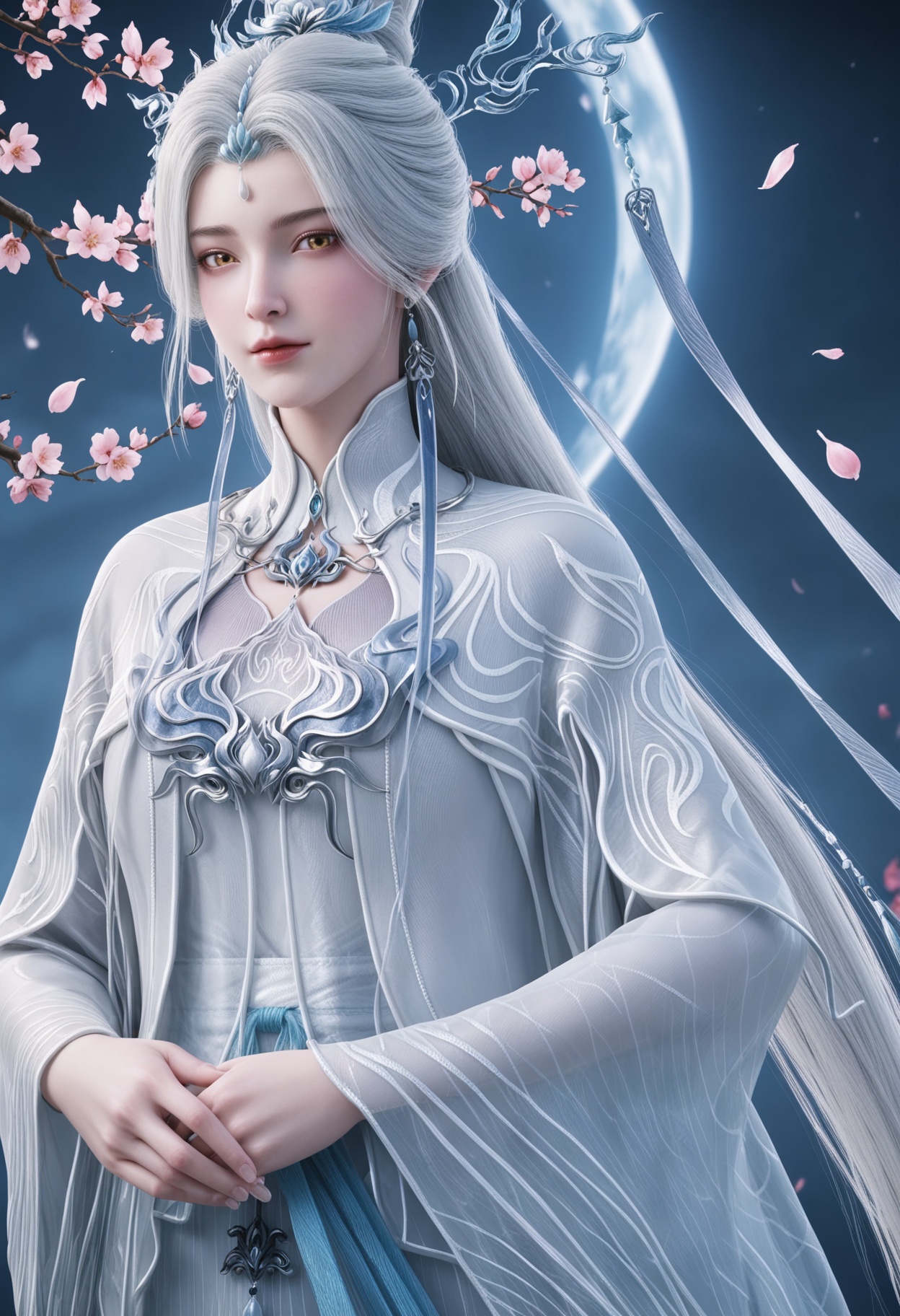 (upper_body:1.2),(looking at viewer:1.1),masterpiece,(best quality),smog,Dark room,dim lighting,peach blossom,falling petals,<lora:YQ_Illustrious光辉v5_剑妈_服装2_V1:0.8>,q1528437228,solo,1girl,white hair,long hair,jewelry,hair ornament,earrings,hair bun,chinese clothes,dress,long sleeves,white dress,yellow eyes,wide sleeves,forehead mark,brown eyes,robe,single hair bun,tassel,facial mark,