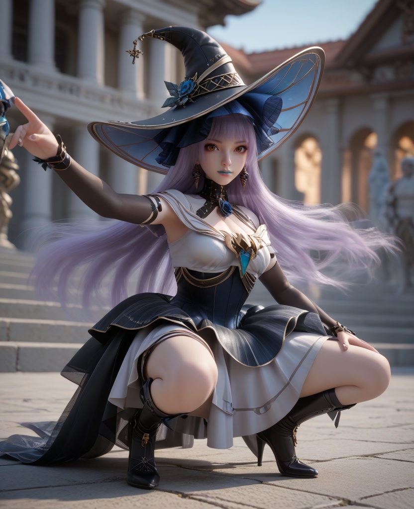 (oriental architecture, elegant decor, sophisticated style:1.1),(Crouching with arms outstretched, imitating a bird in flight, showing playfulness,:1.1),(breasts:1.2),<lora:XL16克金玩家白雪公主病:0.95>,witch,lavender gothic lolita dress with black peplum,orange eyes,lilac hair,very long hair,black witch hat,black opera gloves sleeves,blue lips,jewelry,faux blue rose embellishments,black boots,, score_9,score_8_up,score_7_up,score_6_up,score_5_up,score_4_up,3d rendering,tag1,tag2, Cinematic Lighting,backlighting,, zPDXL3, zPDXL2,zPDXL, zPDXLxxx, zPDXLrl,