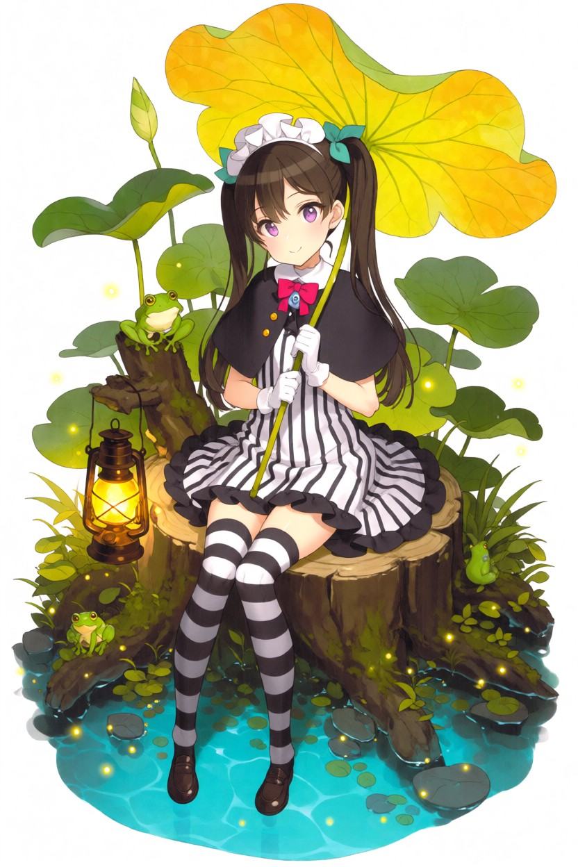 Three-quarter body anime illustration of a cute girl sitting on a large wooden tree stump in a magical swamp. She has long...