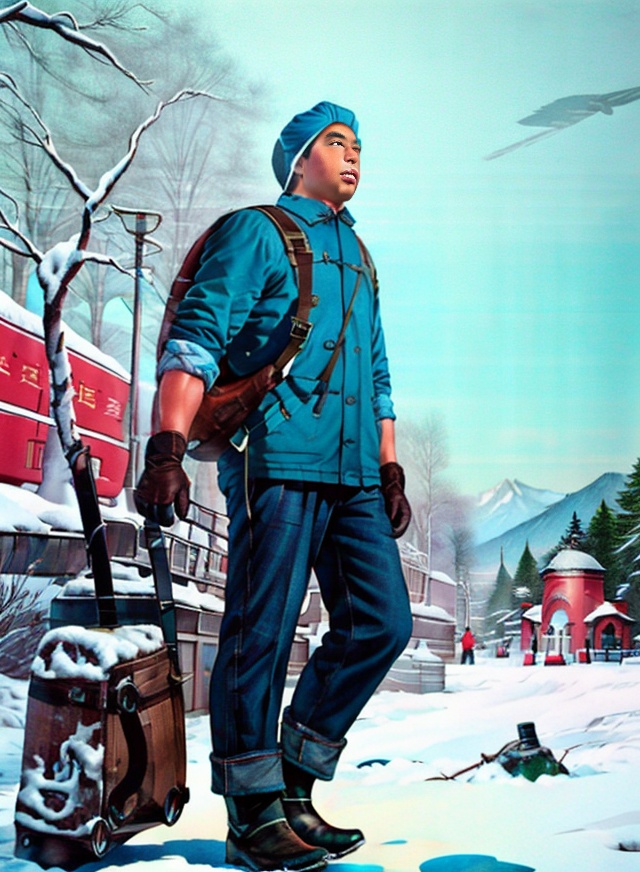 solo, gloves, 1boy, hat, standing, jacket, male focus, boots, outdoors, day, pants, bag, backpack, denim, scenery, snow, jeans, xuanchuan,<lora:SD1.5_Nianhua2:1>