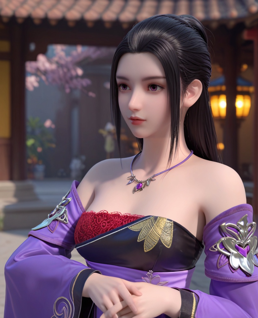 (oriental architecture, elegant decor, sophisticated style:1.1),(meditating:1.1),(breasts:1.2),<lora:XL雪鹰领主孔悠月:0.95>,miss kongyouyue,purple paired with black strapless dress,black hair,long hair,jewelry,detached sleeves,purple eyes,double cuffs,red bra,sash,eyelashes,, score_9,score_8_up,score_7_up,score_6_up,score_5_up,score_4_up,3d rendering,tag1,tag2, Cinematic Lighting,backlighting,