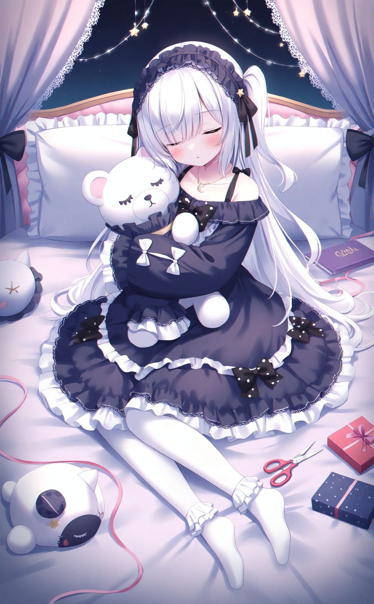 masterpiece,absurdres,best quality,loli,petite,high quality,chromatic_aberration,//,natsume_an-an, 1girl, pillow, frilled_pillow, hugging_object, dress, frills, canopy_bed, long_hair, stuffed_toy, solo, lolita_fashion, stuffed_animal, frilled_dress, lolita_hairband, closed_eyes, white_hair, curtains, black_bow, very_long_hair, sleeves_past_fingers, on_bed, black_dress, bow, sitting, sleeves_past_wrists, pillow_hug, pantyhose, ribbon, gift, necklace, book, crescent, gothic_lolita, weapon, box, bed, frilled_hairband, long_sleeves, gift_box, no_shoes, hair_over_one_eye, scissors, jewelry, teddy_bear, facing_viewer, off_shoulder, sleeping, star_\(symbol\), hairband, white_pantyhose, off-shoulder_dress, frilled_socks, full_body, blush, sword, virtual_youtuber, socks, polka_dot, sleep_mask//,//,<lora:natsume_an-an——【noob】hans:0.5>,<lora:guizhencao2——【noob】hans:0.5>,