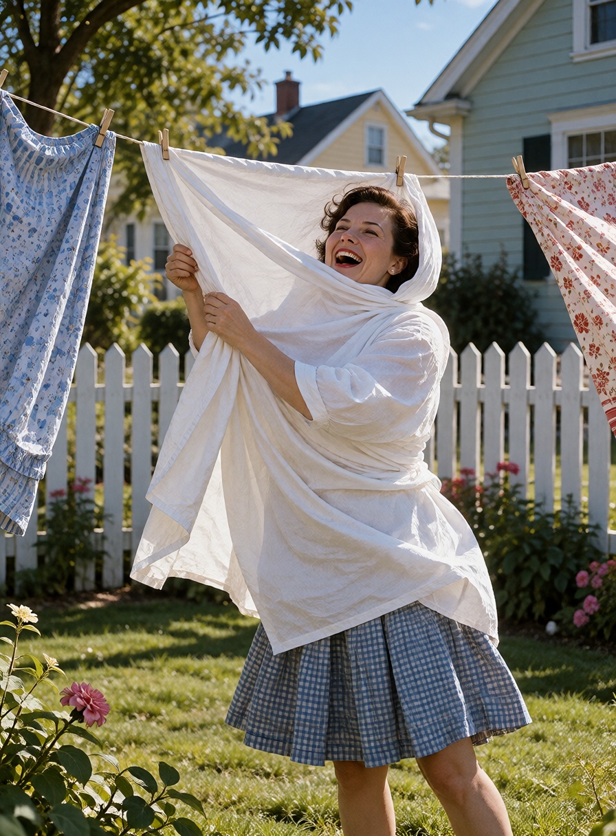 A woman hanging laundry in a sunny backyard while bedsheets suddenly wrap around her in the wind,  only her laughing face...