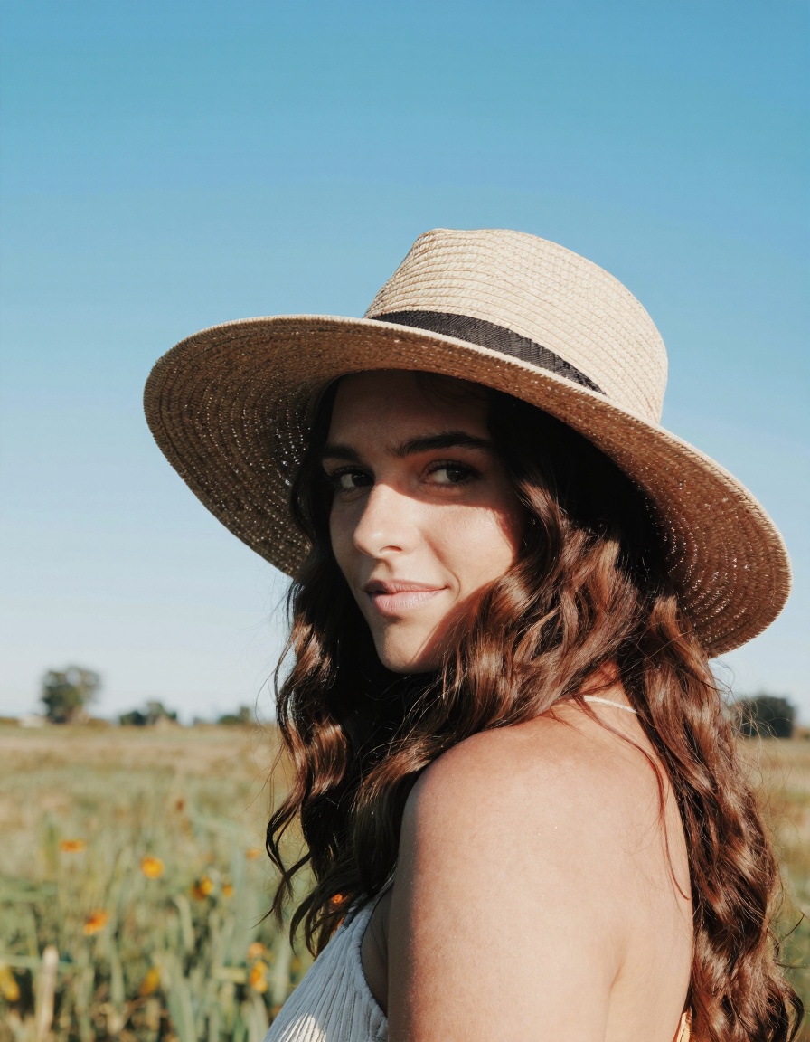 50mm ******* photo posted to facebook,  average looking woman with sunhat,  smiling on Tensor.Art