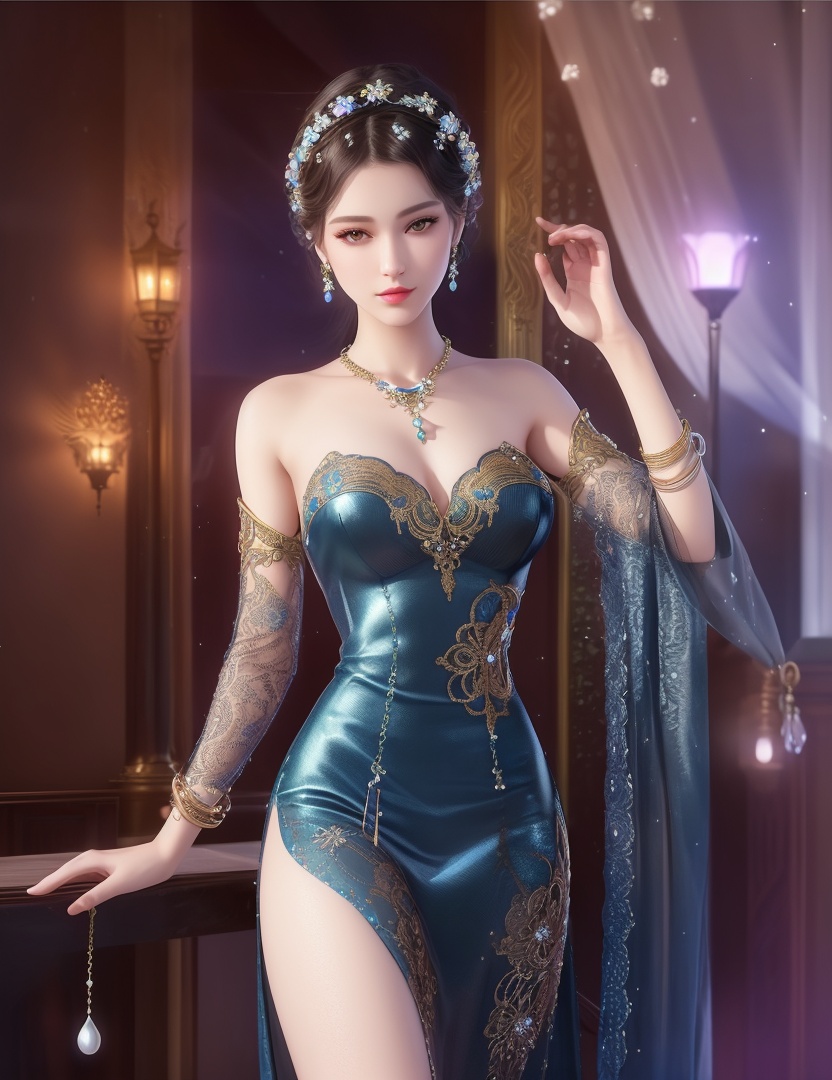 ultra realistic 8k cg, picture-perfect face, flawless, clean, masterpiece, professional artwork, famous artwork, cinematic lighting, cinematic bloom, perfect face, beautiful face, fantasy, dreamlike, unreal, science fiction,  beautiful clothes, lace, lace trim, lace-trimmed legwear,  (rich:1.4), prestige, luxury, jewelry, diamond, gold, pearl, gem, sapphire, ruby, emerald, intricate detail, delicate pattern, charming, alluring, seductive, erotic, enchanting, hair ornament, necklace, earrings, bracelet, armlet,halo((,1girl, pov,))(((,  1girl,  solo,looking at viewer, ))),(((1girl, solo, dress, jewelry)))<lora:DA_WhiteSnakeGreenSnake:0.7>