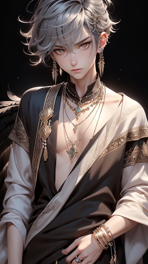 CG,jewelry,solo,1boy,male focus,necklace,bracelet,ring,earrings,looking at viewer,hair ornament,black background,simple background,upper body,grey hair,realistic,feathers,hand on own arm,feather hair ornament,hair between eyes,lips,bangs,grey eyes,closed mouth,long sleeves,brown eyes,