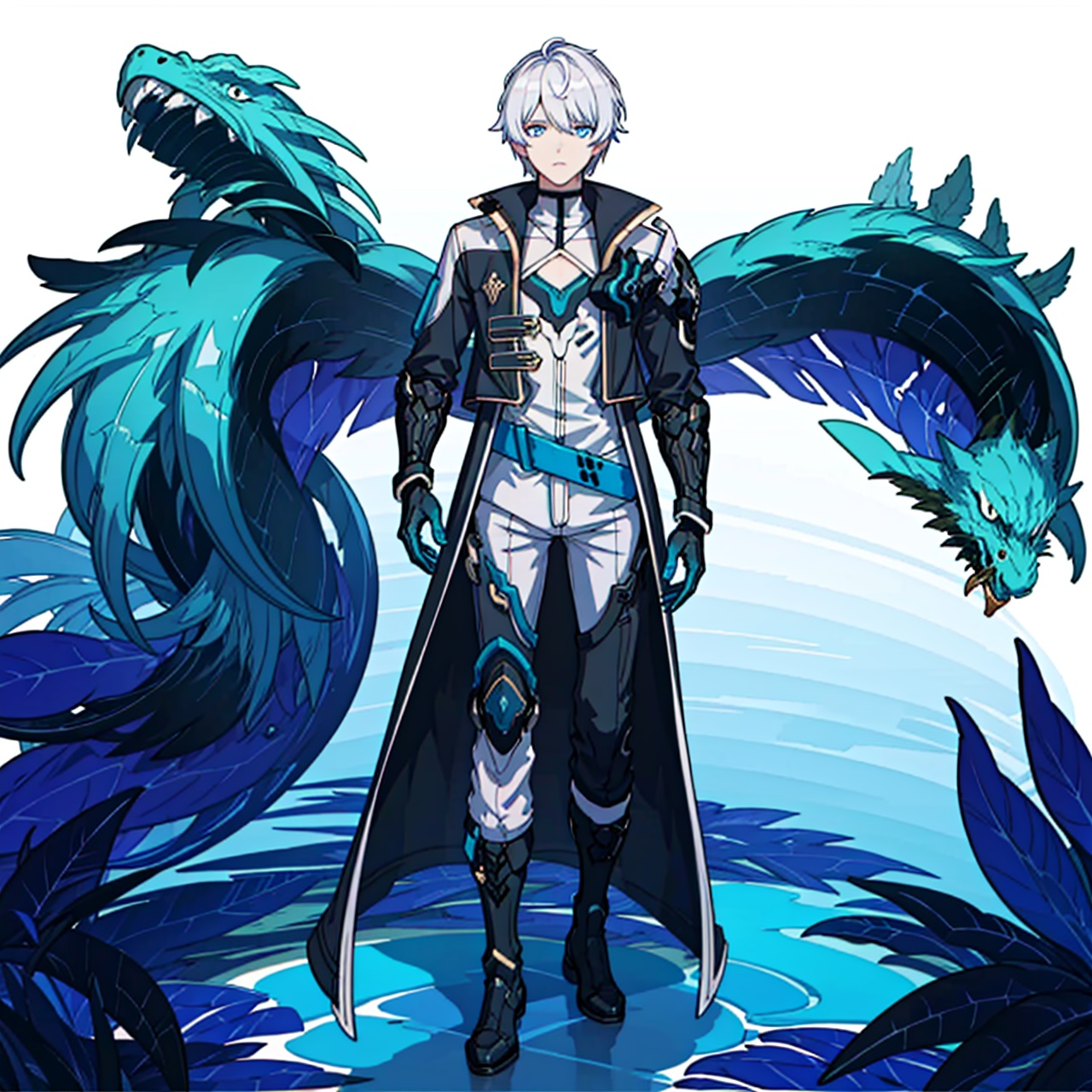 (masterpiece:1.3),(the best quality:1.2),(super fine illustrations:1.2),(Masterpiece),high quality,high detail,(white background:1.2),looking at viewer,(SOLO:1.4),outline,simple background,full body,<lora:凯文-英杰服:0.8>, silver hair,choker,burning,bangs,black coat,hair between eyes,long sleeves,blue theme,shirt,jacket,belt,blue eyes,polearm,holding sword,black pants,black footwear,white hair,male focus,gloves,coat,boots,1boy,