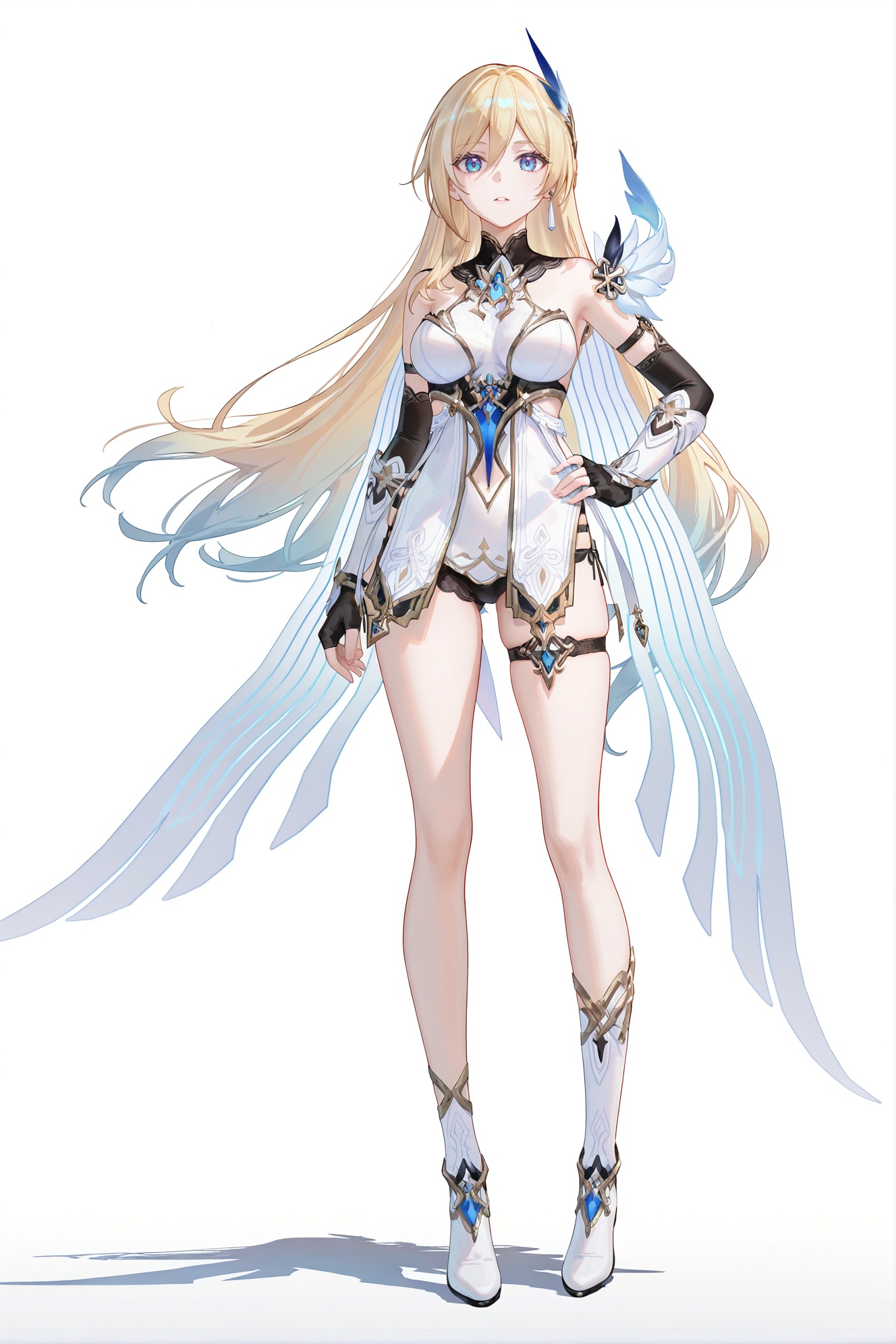 8k,best quality,masterpiece,(ultra-detailed),(high detailed skin),((artist:reoen),(artist:fuzichoco),(artist:atdan),(artist:torino_aqua),year 2024:0.8)1girl,[artist:wlop],[artist:ningen_mame],artist:ciloranko,[[artist:rhasta]],artist:tidsean,colorful,full body,full shot,standing,looking at viewer,(solo:1.2),simple background,(white background:1.2),hand on own hip,(white background:1.1),<lora:Durandal-PalatinusEquinox-ill-Tanger:0.8>,Durandal \(Palatinus Equinox\),clothes: white style clothes,white style single thighhigh,white style Durandal,white Feather decoration on the left shoulder,1girl,long hair,blonde hair,gloves,solo,blue eyes,fingerless gloves,white background,full body,black gloves,cape,