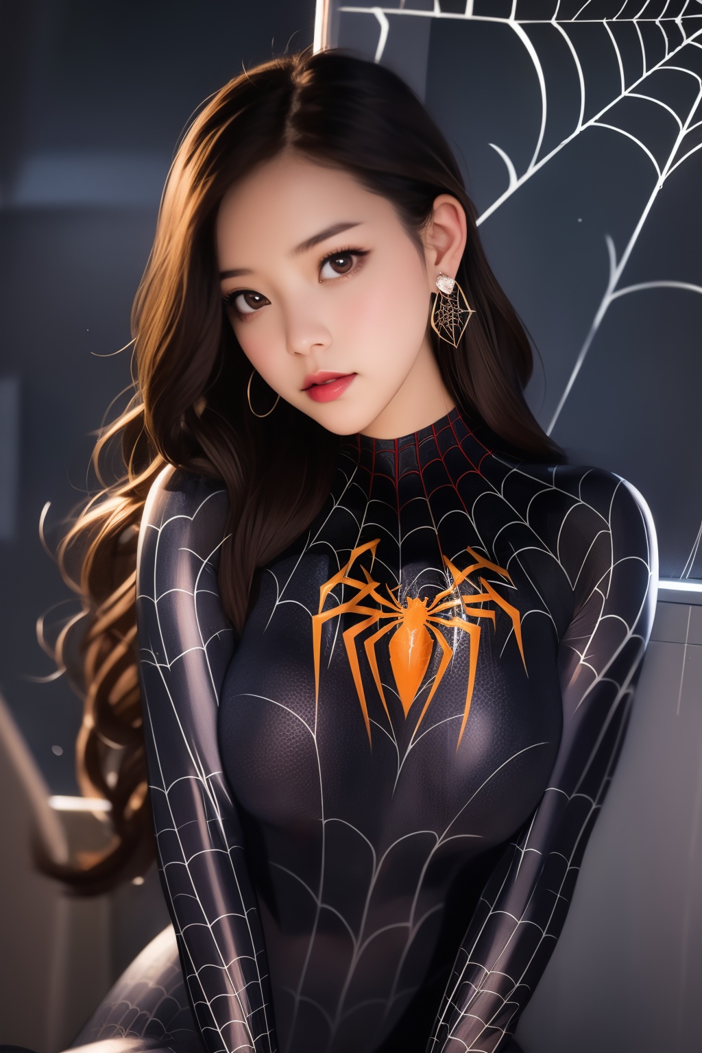 spiderman cosplay,1girl,long hair,looking at viewer,brown hair,brown eyes,earrings,bodysuit,spider web,head tilt,simple background,<lora:lbc_spiderman_ycc_240401_v1.0-000008:0.8>,