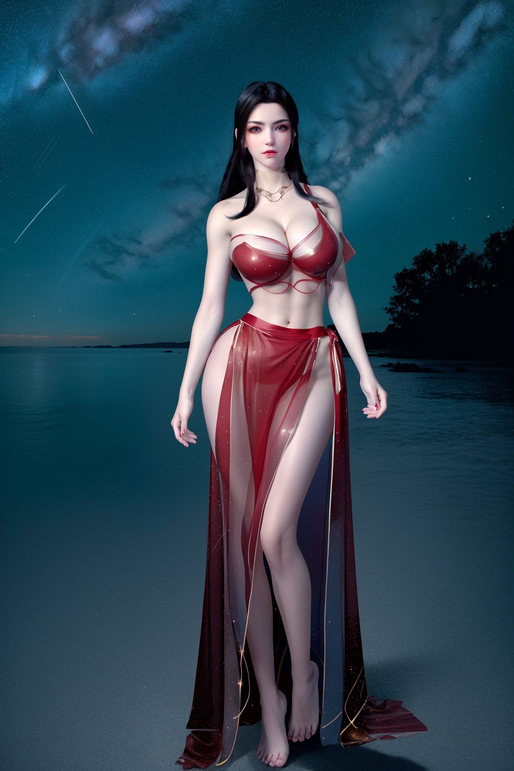 (8k, RAW photo,  masterpiece:1.2),solo,(super realistic, photo-realistic:1.3),ultra-detailed,extremely detailed cg 8k wallpaper,hatching (texture),skin gloss,light persona,perfect body,(crystalstexture skin:1.2),(extremely delicate and beautiful),standing,(((starry sky,night))),(((starry background:1.6, shooting stars,))),on beach,in the sky,(full body:1.2),1girl,very long hair,bare shoulders,( pov:1.2),makeup,jewelry,earrings,necklace,(eyelashes:1.2),tall figure,portrait,mds-hd,dd-hd,underwear,(cowboy shot),(breasts, cleavage:1.6),looking_at_viewer,<lora:1111白皙质感:0.5>,<lora:1225美杜莎红衣-000018:0.8:1,0,0,0,0,0,0,0,1,1,1,0,0,0,0,0,0>,<lora:0109肚兜衣服-000018:0.7:1,1,1,1,1,0,0.2,0,0.8,1,1,0.2,0,0,0,0,0>,