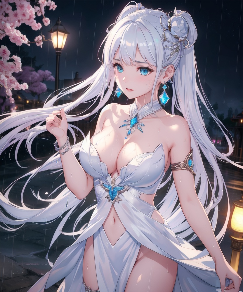 <lora:457-DA-天启姬:0.8> ,(,1girl, ,best quality, ),looking at viewer, ,ultra detailed 8k cg, ultra detailed background,  ultra realistic 8k cg,          cinematic lighting, cinematic bloom, (( , )),,  , unreal, science fiction,  luxury, jewelry, diamond, pearl, gem, sapphire, ruby, emerald, intricate detail, delicate pattern, charming, alluring, seductive, erotic, enchanting, hair ornament, necklace, earrings, bracelet, armlet,halo,masterpiece, (( , )),,  ,cherry blossoms,(((, night,night sky,lamppost,  ultra high res, (photorealistic:1.4), raw photo, 1girl, , rain, sweat, ,wet, )))(( , ))   (cleavage), (),