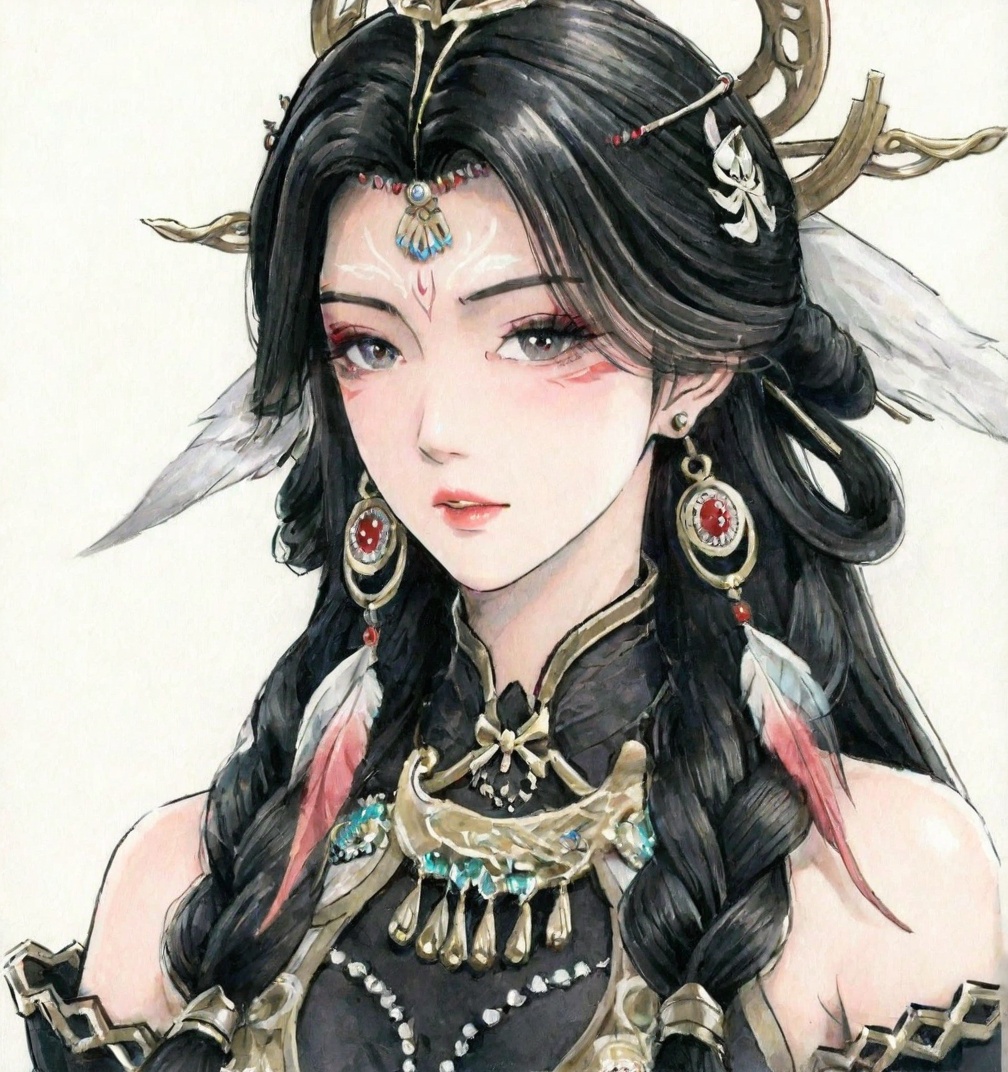 ((very awa)),solo,highly detailed,(best quality),((masterpiece)),1girl,chi,<lora:鸽正则nbXL:0.4>,ge,<lora:chi正则100nbXL:0.7>,traditional media,painting \(medium\),watercolor \(medium\),looking_at_viewer,(mature_female),<lora:玲珑诛仙第三季nbXL:0.7>,linglong,long hair,jewelry,earrings,black hair,hair ornament,upper body,simple background,bare shoulders,black_clothes,facial mark,forehead mark,