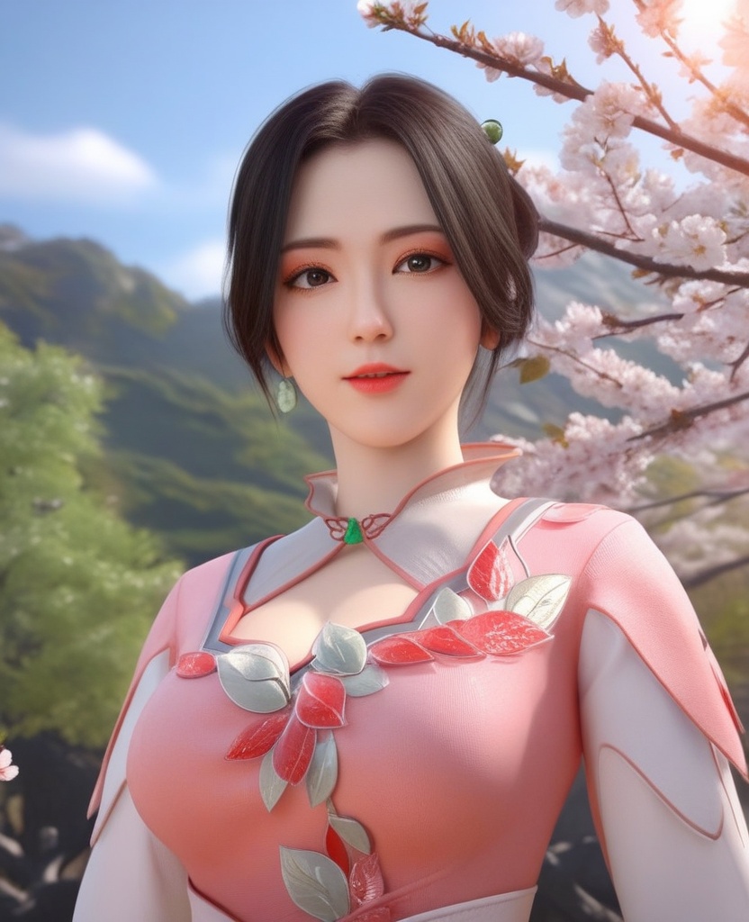 <lora:703-DA-XL-少年歌行-墨花雪:0.8>(,1girl, ,best quality, ),looking at viewer,  ultra detailed background,ultra realistic 8k cg,ultra detailed 8k cg,masterpiece,upper body,  (( , )),, ,science fiction,mole, ultra realistic 8k cg, ,    ,outdoors, sun,sunlight, cherry blossoms,      (cleavage), (),