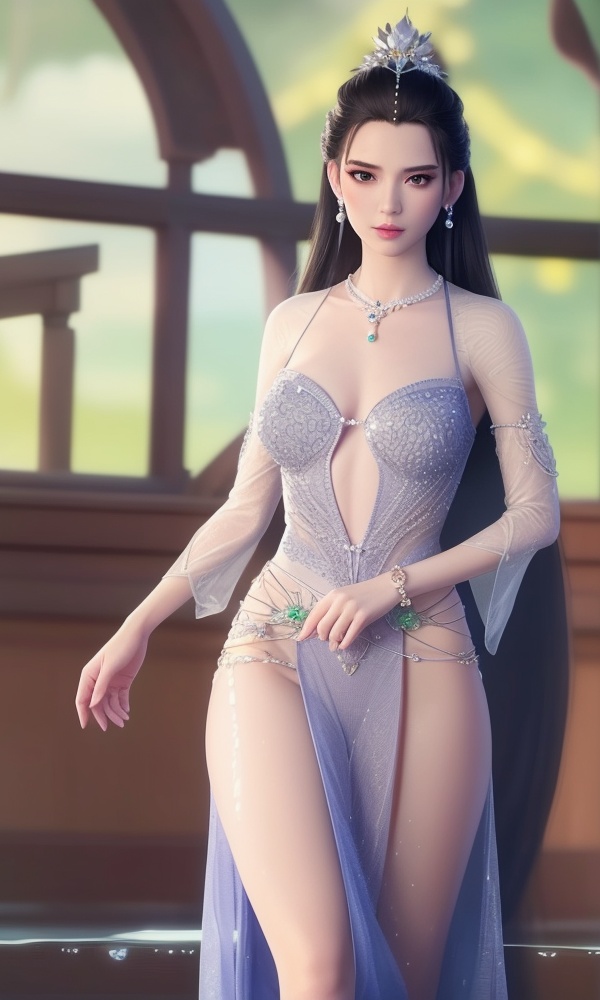 (,1girl, ,best quality, ),looking at viewer, <lora:431-DA-逆天邪神-楚月婵:0.8> ,ultra detailed background,ultra detailed background,ultra realistic 8k cg,, ,masterpiece,((((1girl, solo,  , solo focus, ,walking on liquid, ))))    (cleavage), (), ,ultra realistic 8k cg,   clean, masterpiece,     cinematic lighting, cinematic bloom, , (( , )),,  , unreal, science fiction, luxury, jewelry, diamond, gold, pearl, gem, sapphire, ruby, emerald, intricate detail, delicate pattern, charming, alluring, seductive, erotic, enchanting, hair ornament, necklace, earrings, bracelet, armlet,see-through sleeves, , 