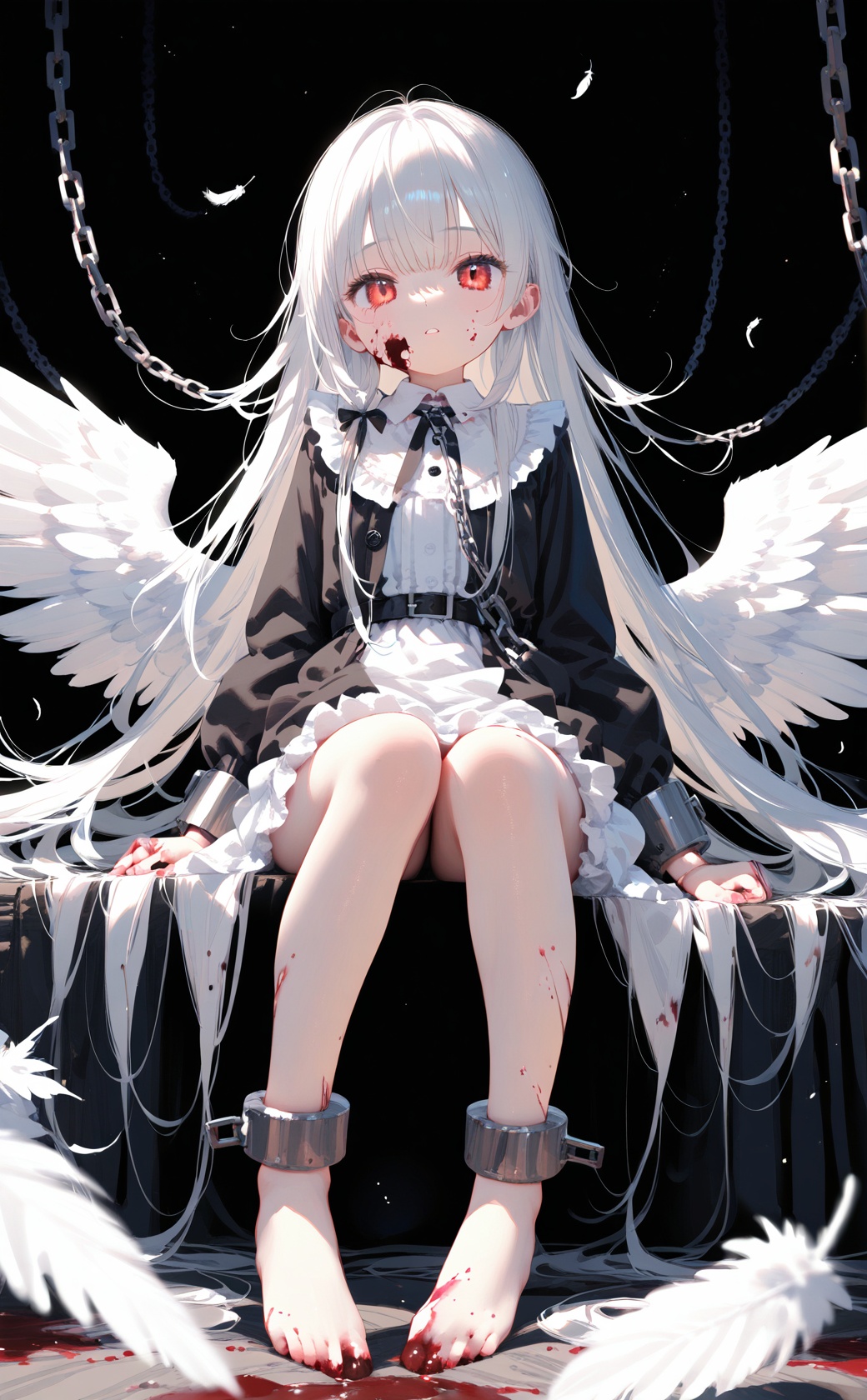(masterpiece),(best quality),illustration,ultra detailed,hdr,Depth of field,(colorful),loli,1girl,solo,wings,blood,long hair,sitting,chain,red eyes,blood on hands,feathered wings,barefoot,blood on face,blood from eyes,dress,long sleeves,cuffs,feathers,frills,looking at viewer,very long hair,white wings,bandages,shackles,bangs,