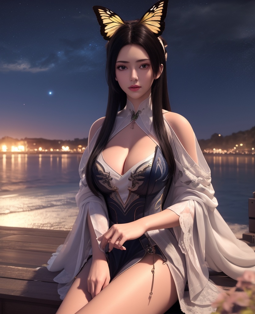 <lora:584-DA-星辰变-白灵:0.8>(,1girl, ,best quality, ),looking at viewer,  ,ultra detailed background,ultra detailed background,ultra realistic 8k cg, ,masterpiece, (( , )),,  fiction,mole, , ,      ,, 1girl,butterfly sitting,  night, star_\(sky\)(cleavage),